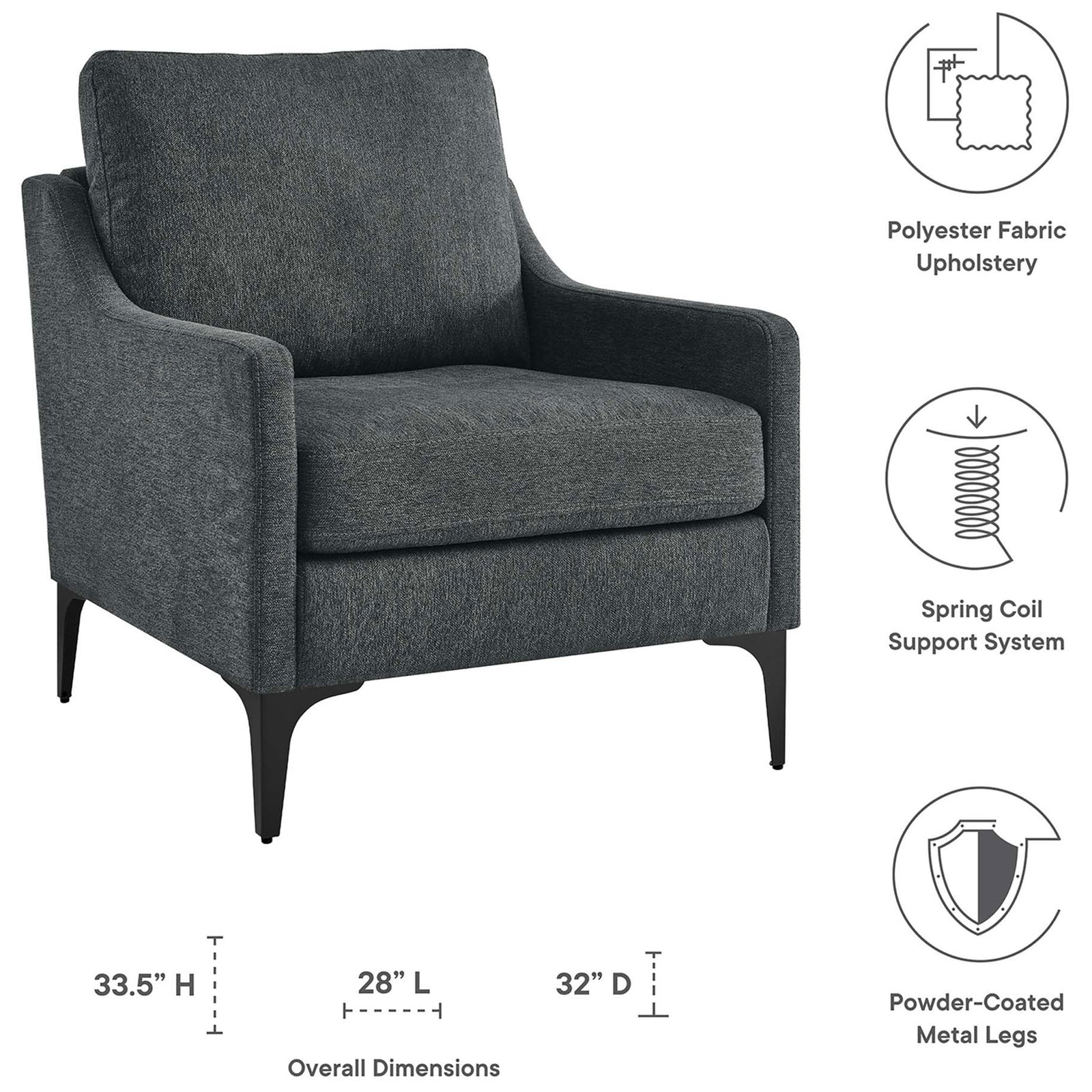 Highlighted features include spring coil support, plush comfort, and powder-coated metal legs || EEI-6023-CHA || dimension_studio