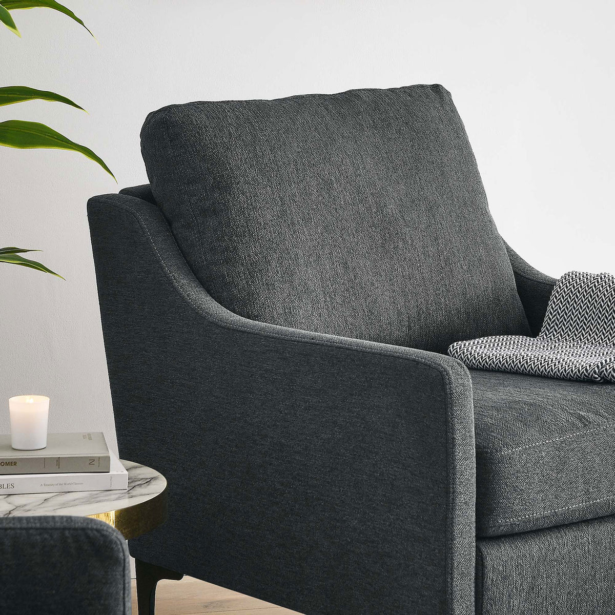 Textured charcoal upholstery and sleek arms add cozy refinement to modern living spaces || EEI-6023-CHA || detail_room