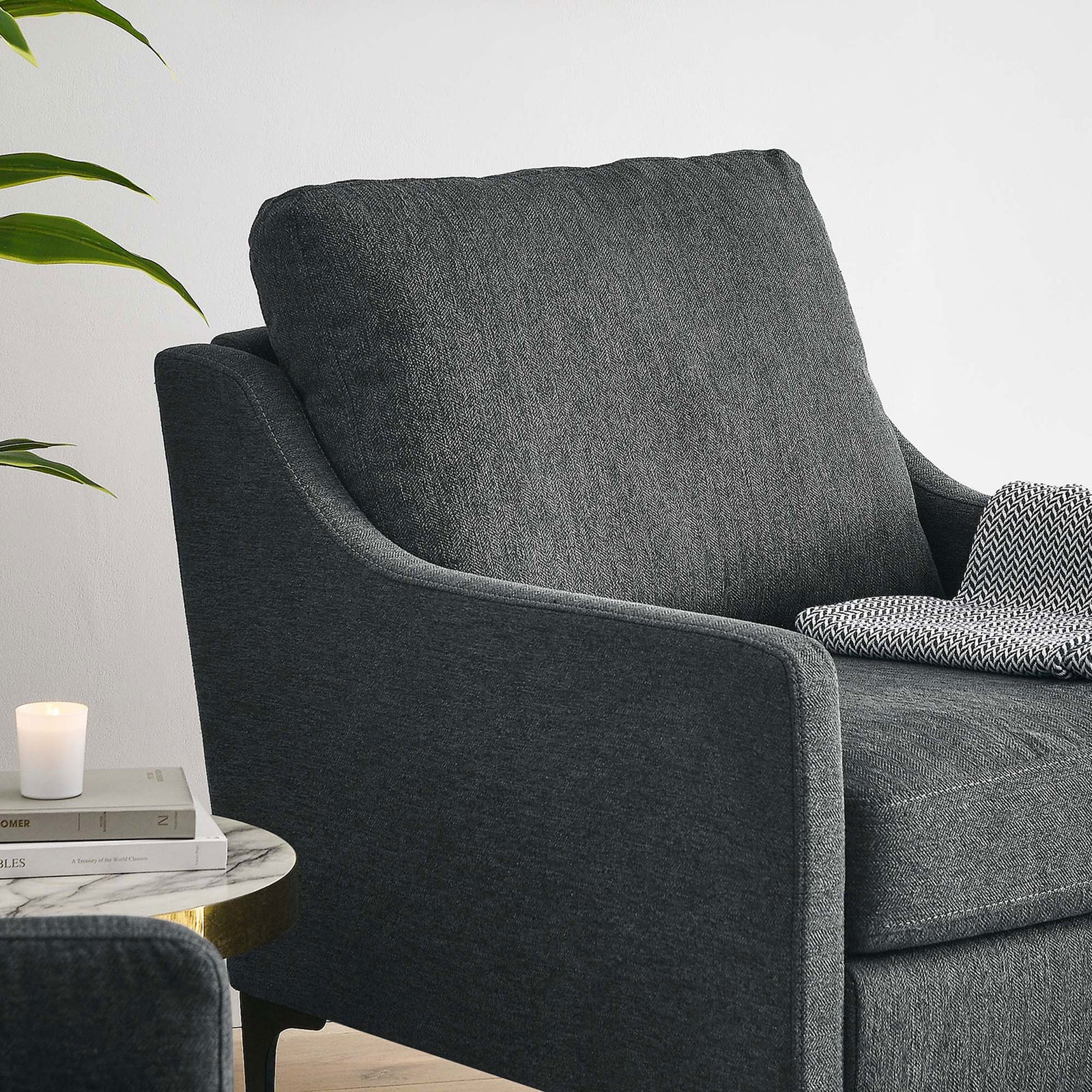 Textured charcoal upholstery and sleek arms add cozy refinement to modern living spaces || EEI-6023-CHA || detail_room