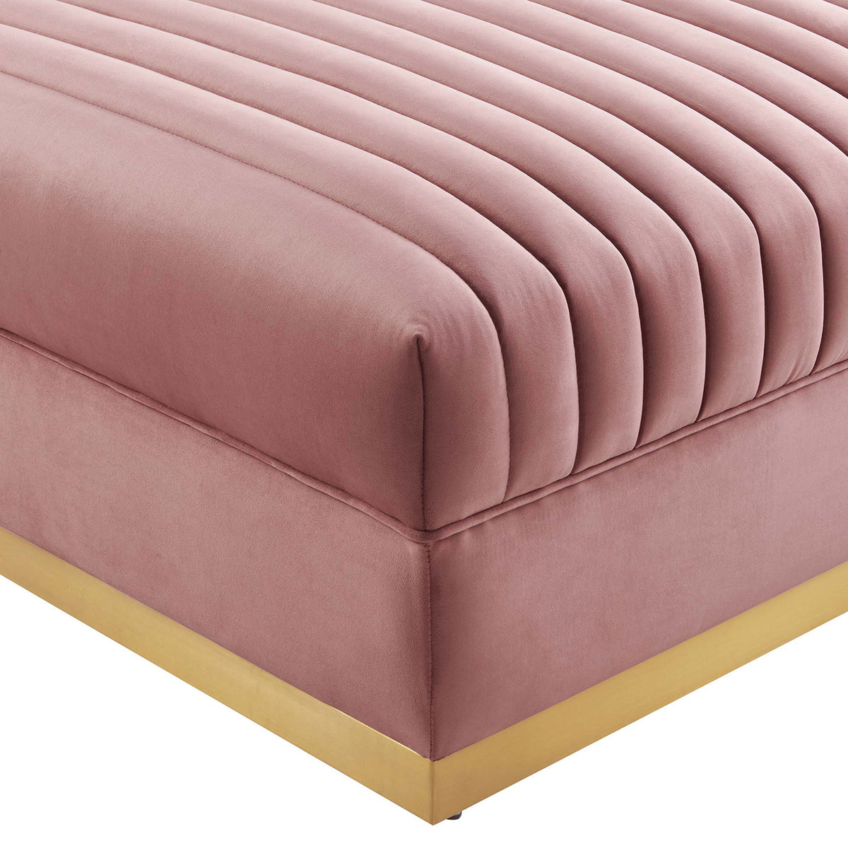 Vertical channel tufting showcases the smooth performance velvet and rounded corner of the ottoman || EEI-6036-DUS || detail_studio