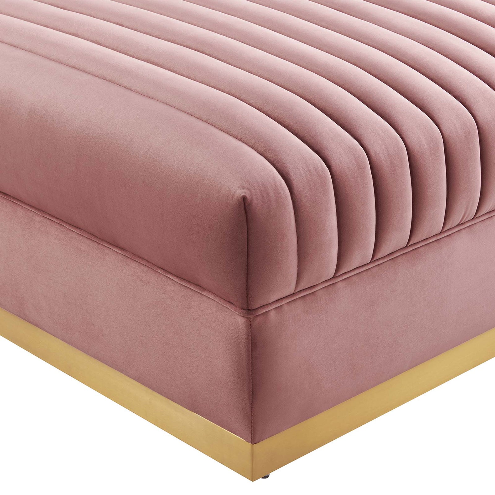 Vertical channel tufting showcases the smooth performance velvet and rounded corner of the ottoman || EEI-6036-DUS || detail_studio