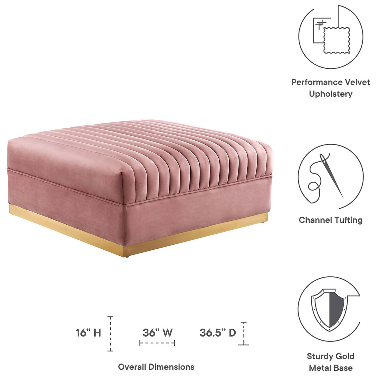Performance velvet ottoman highlighting channel tufting, sturdy gold base, and overall dimensions || EEI-6036-DUS || dimension_studio