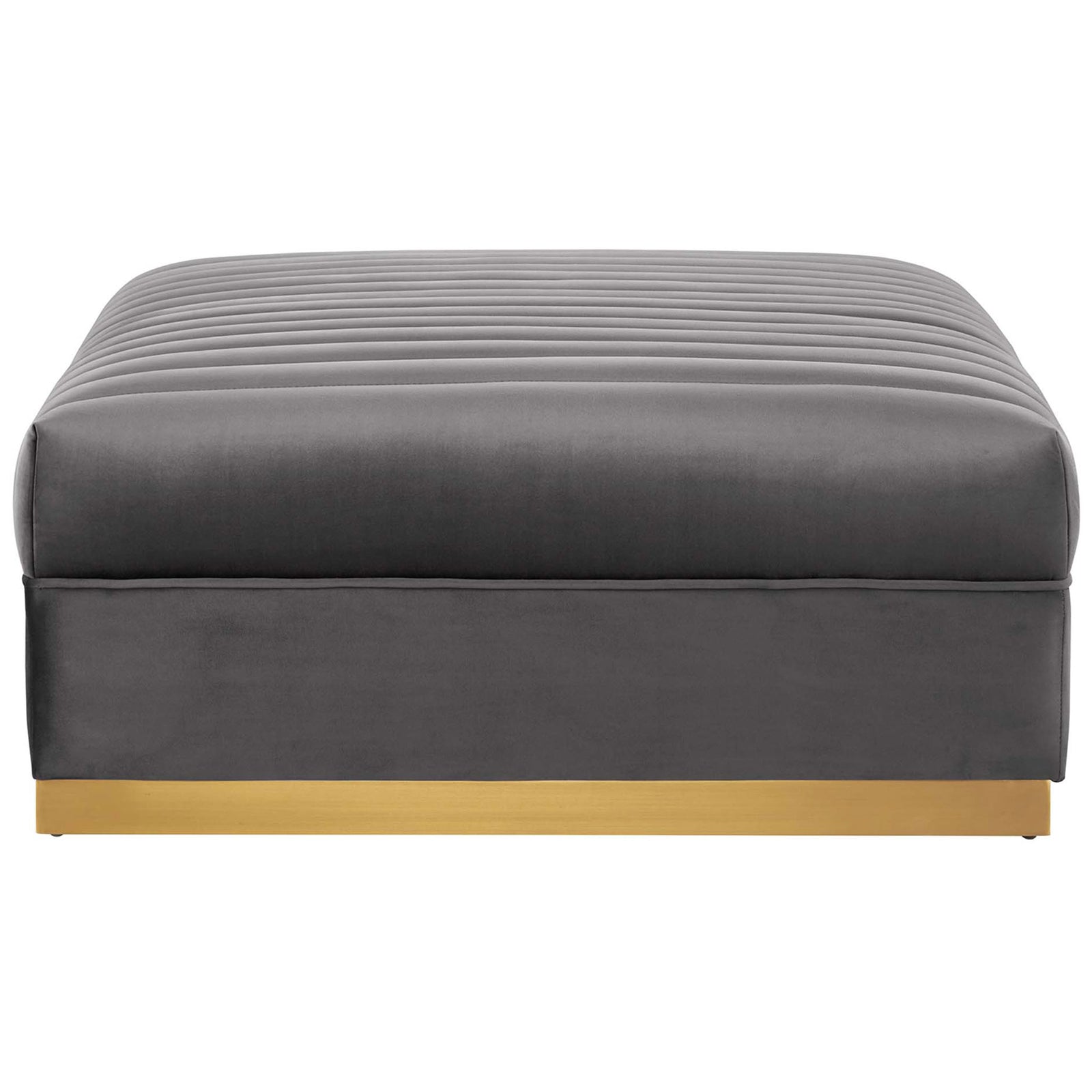 Low-profile gray velvet ottoman with tailored channel tufting and a smooth, modern silhouette. || EEI-6036-GRY || front_studio