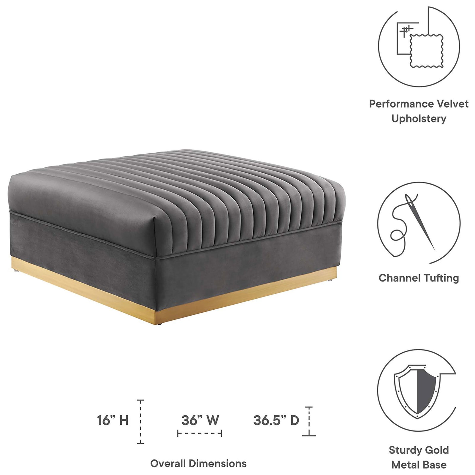 Gray velvet ottoman with gold base and illustrated icons highlighting channel tufting and performance upholstery. || EEI-6036-GRY || dimension_studio