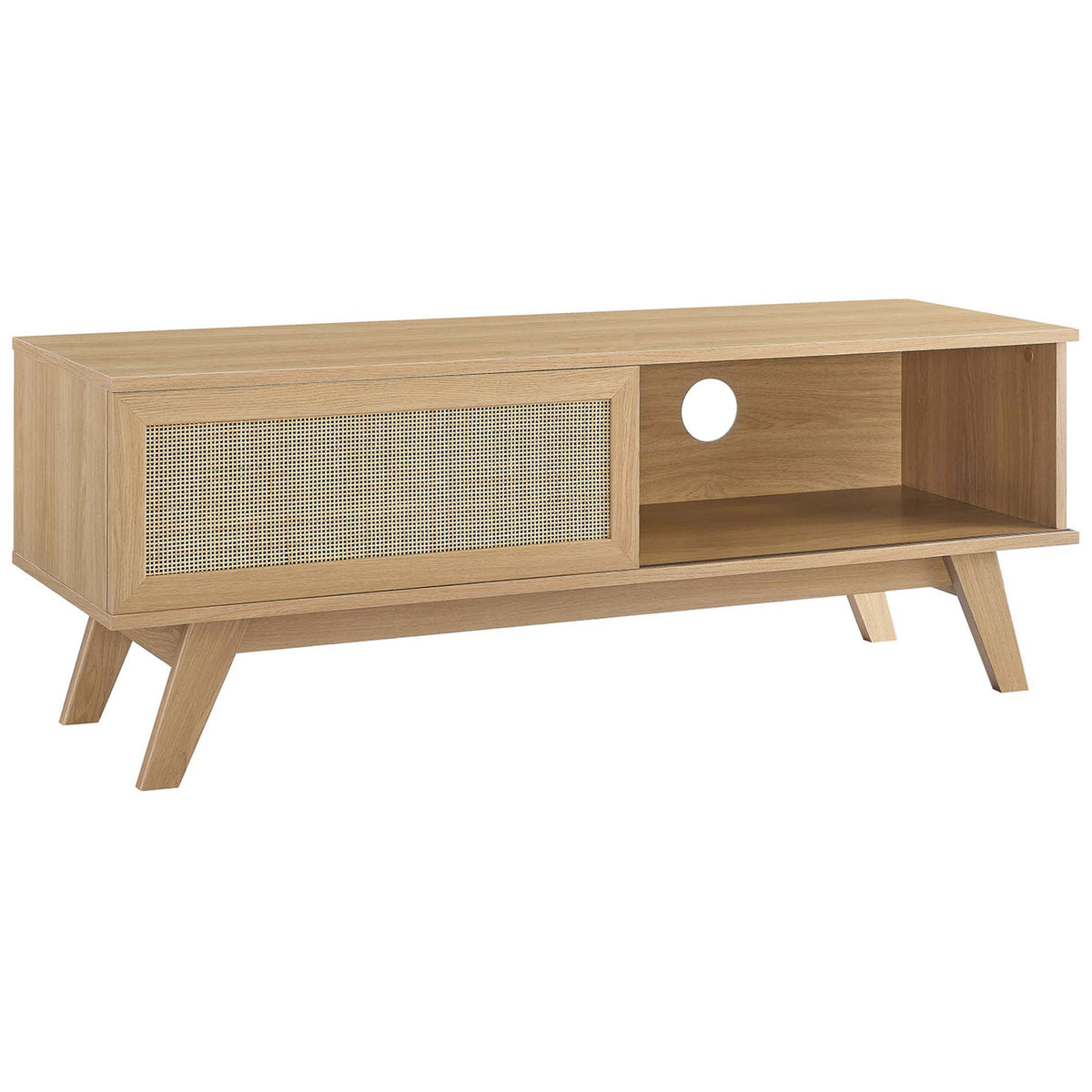 Oak tv stand with rattan sliding door, open shelf with cable hole, and angled legs || EEI-6039-OAK || front_angle_studio