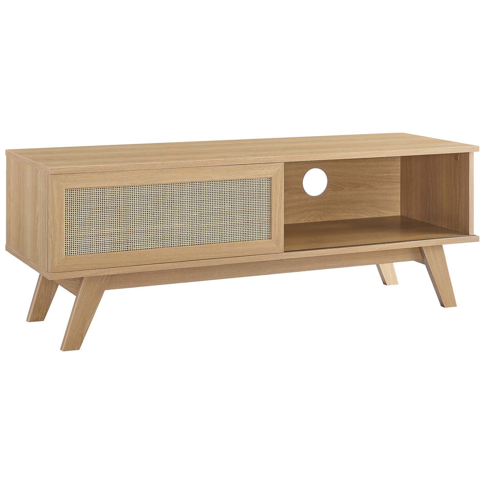Oak tv stand with rattan sliding door, open shelf with cable hole, and angled legs || EEI-6039-OAK || front_angle_studio