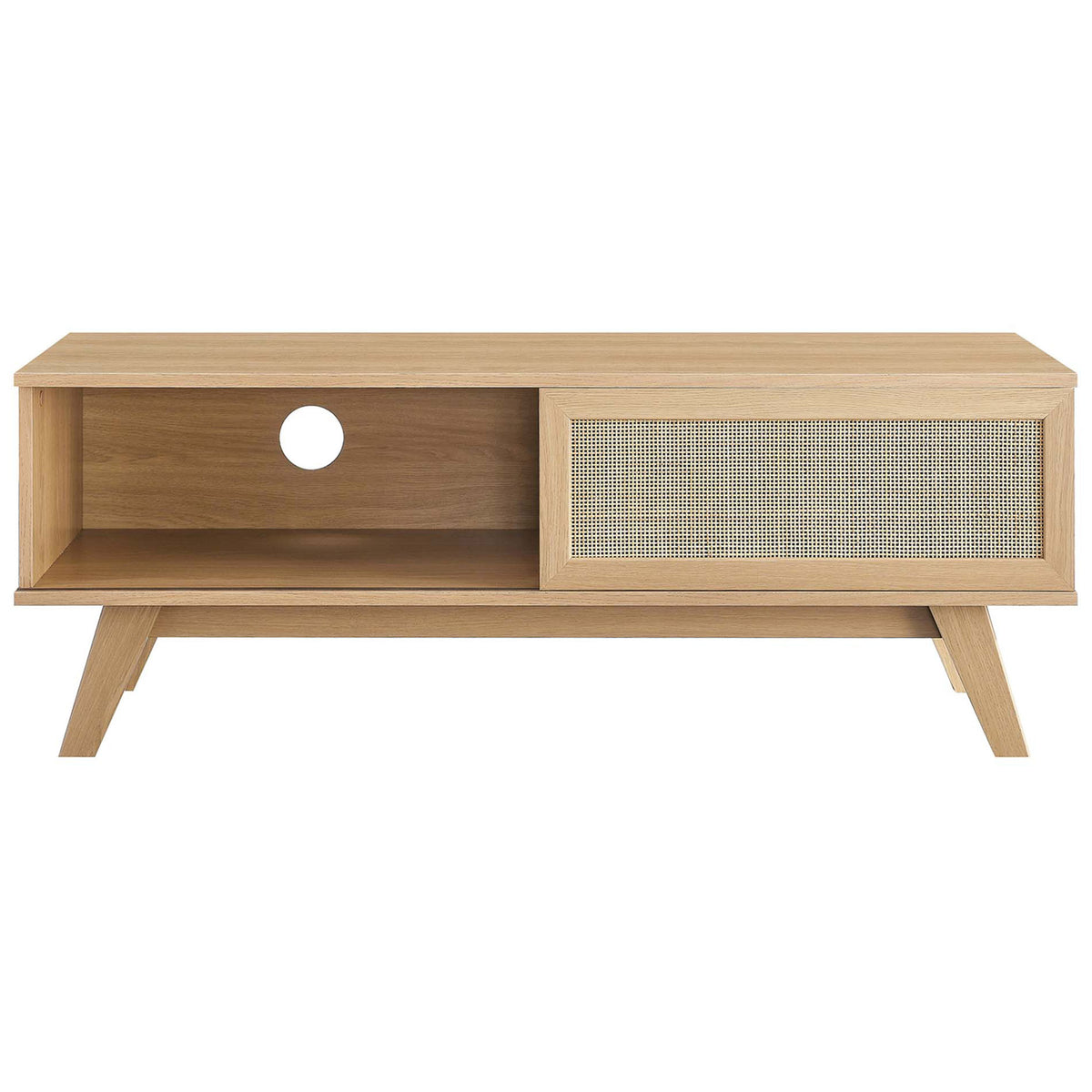 Oak tv stand with rattan door and open storage cubby with rear cable opening || EEI-6039-OAK || front_studio