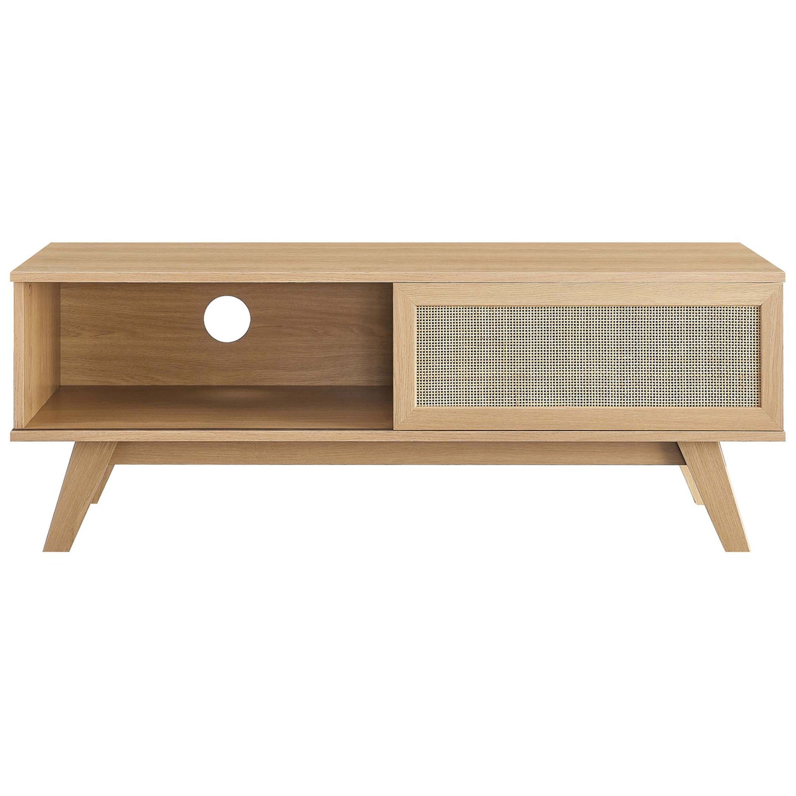 Oak tv stand with rattan door and open storage cubby with rear cable opening || EEI-6039-OAK || front_studio