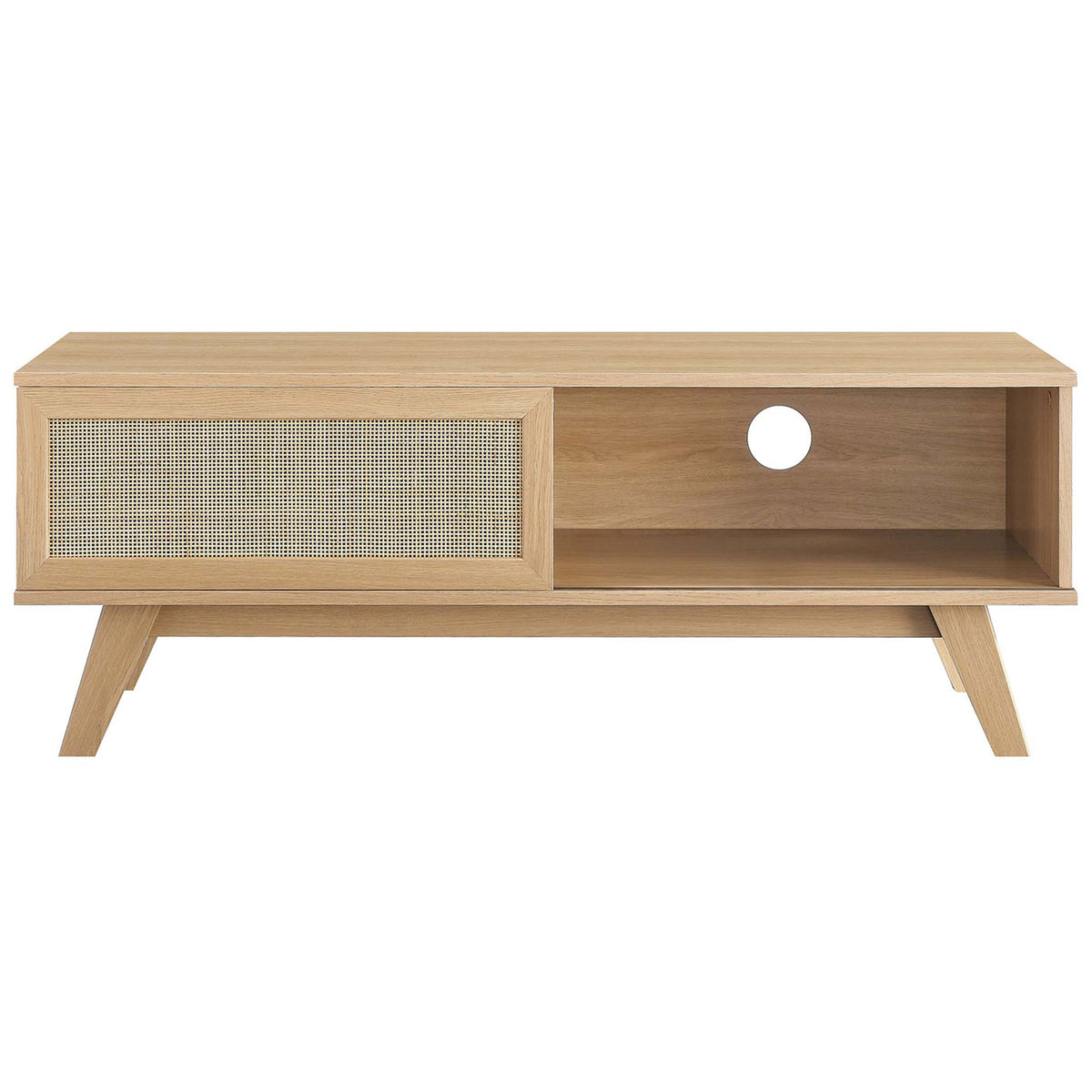 Oak tv stand with rattan sliding door positioned to reveal media storage shelf || EEI-6039-OAK || front_studio