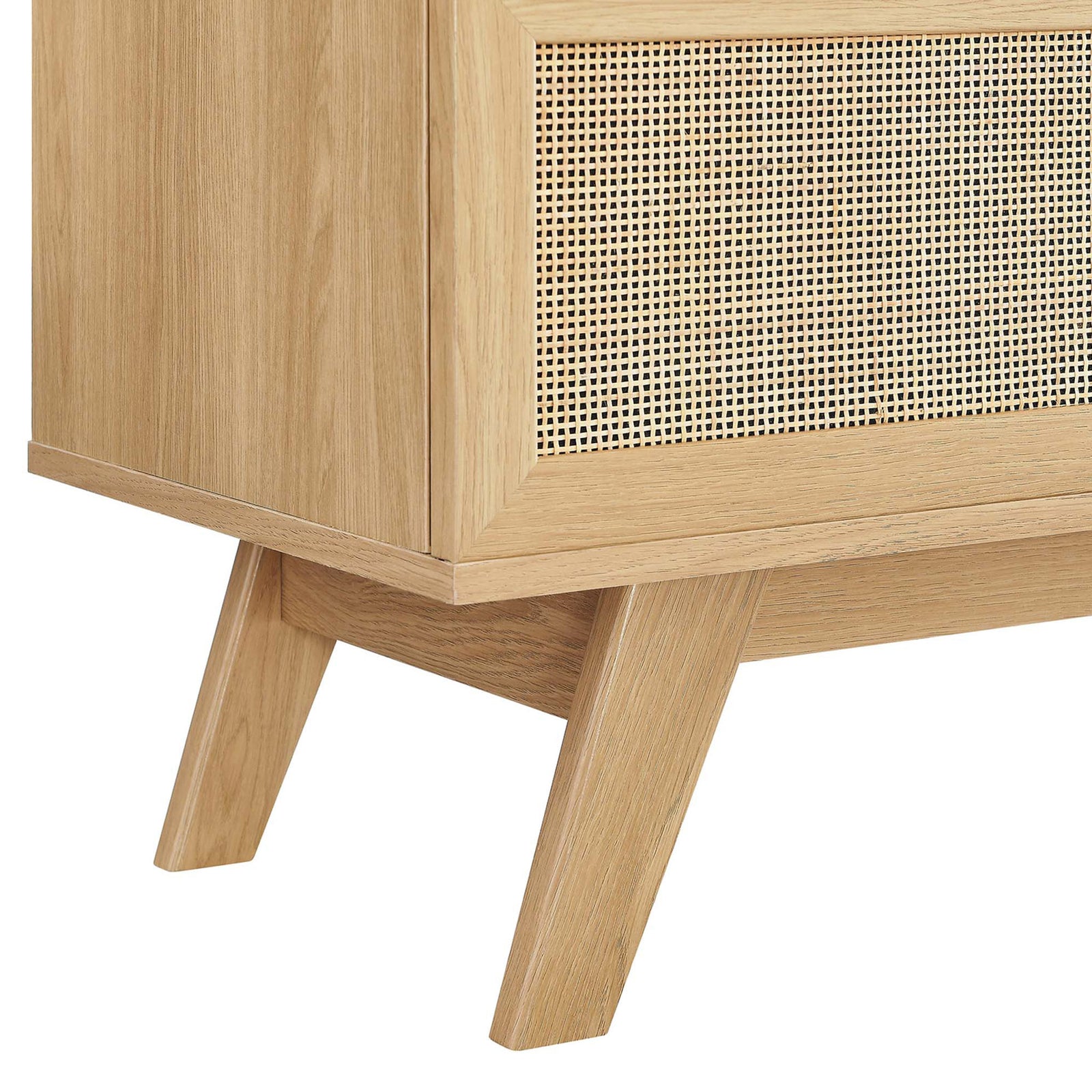 Detail of oak tv stand with woven rattan door and splayed mid-century legs || EEI-6039-OAK || leg_studio