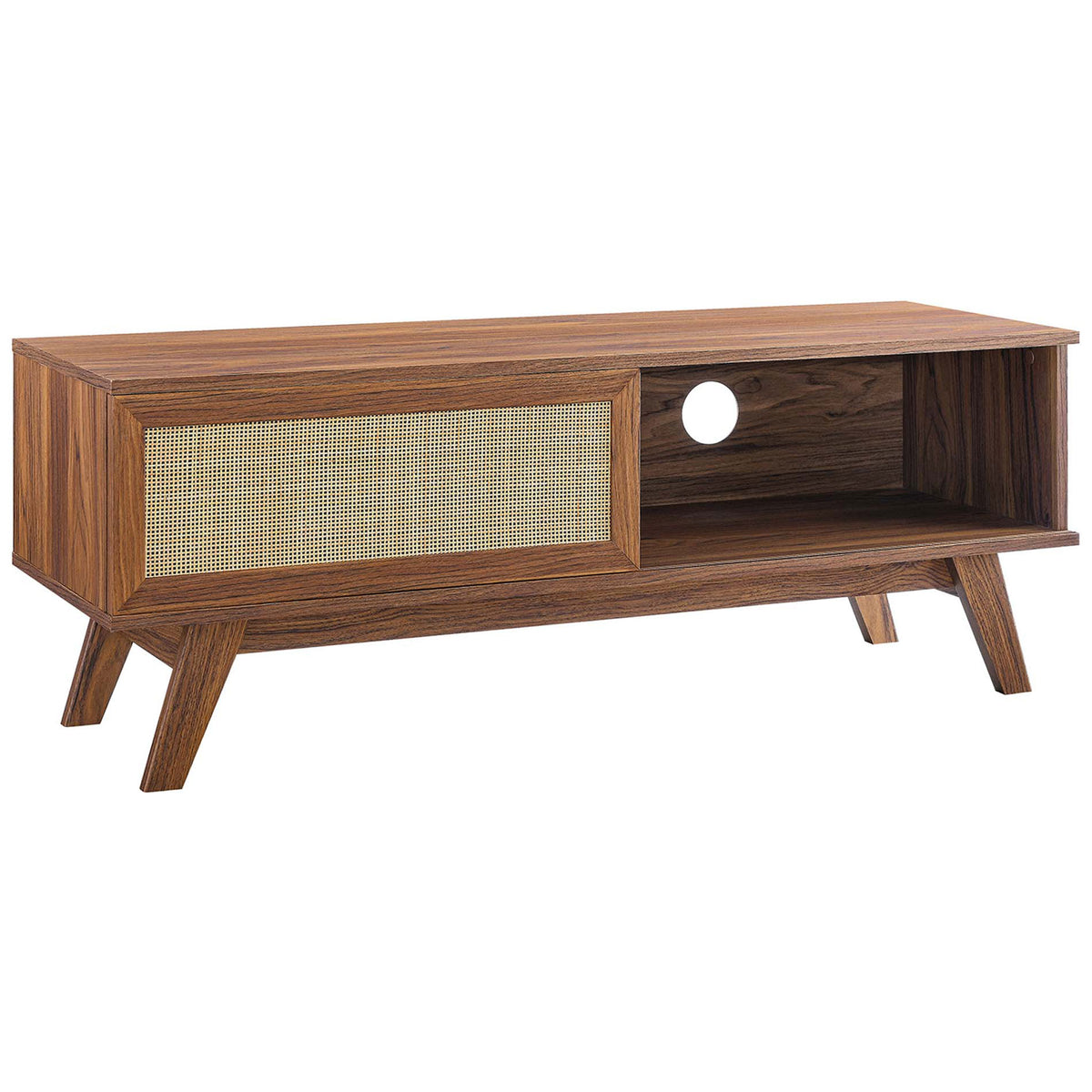 Walnut tv stand with rattan sliding door, open shelf with cable hole, and angled legs || EEI-6039-WAL || front_angle_studio