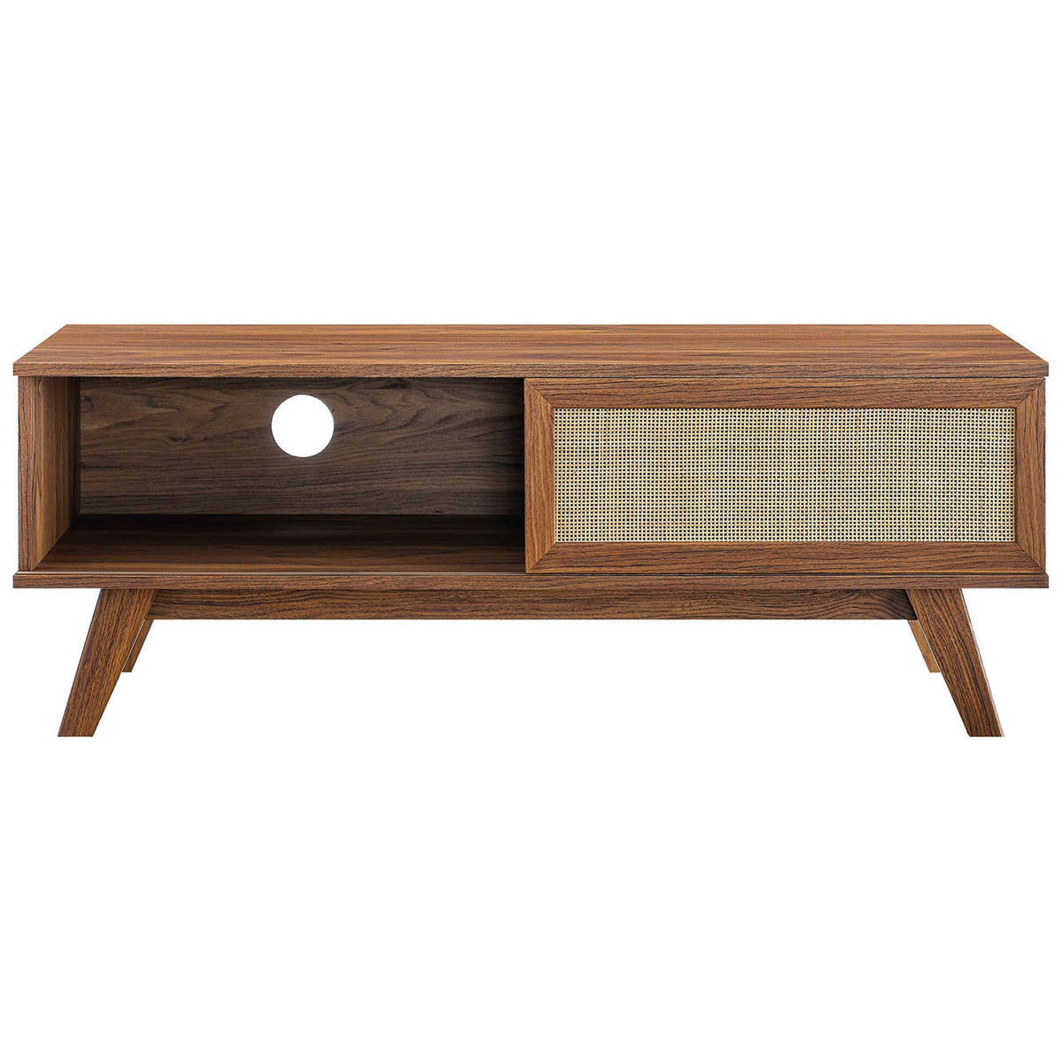 Walnut tv stand with rattan door and open storage cubby featuring rear cable opening || EEI-6039-WAL || front_studio