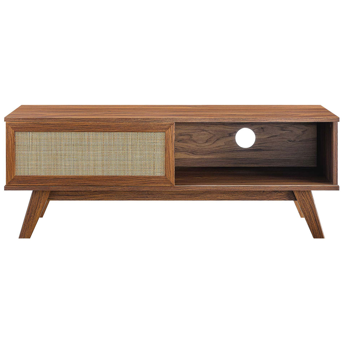 Walnut tv stand with rattan sliding door positioned to reveal media storage shelf || EEI-6039-WAL || front_studio