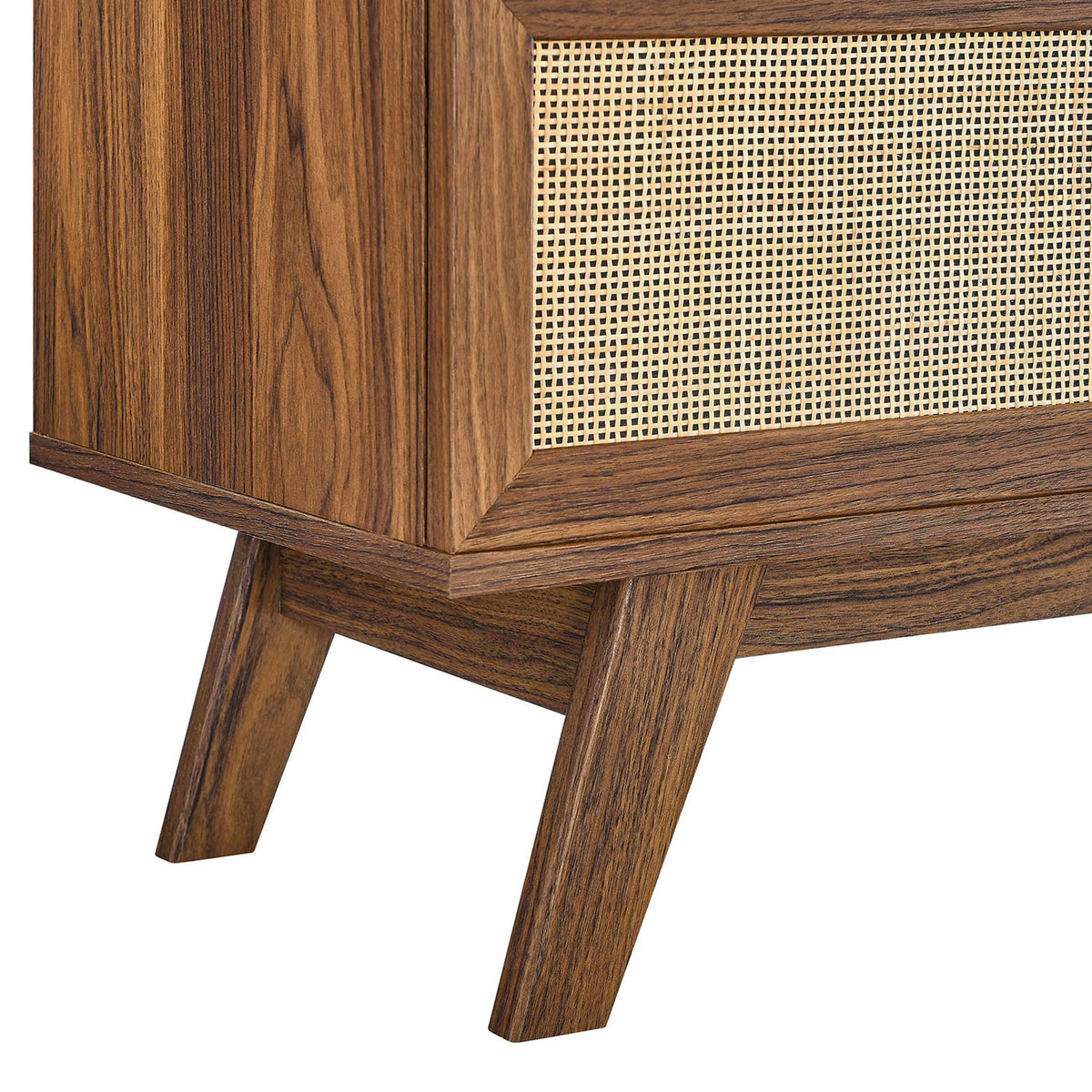 Detail of walnut tv stand with woven rattan door and splayed mid-century legs || EEI-6039-WAL || leg_studio
