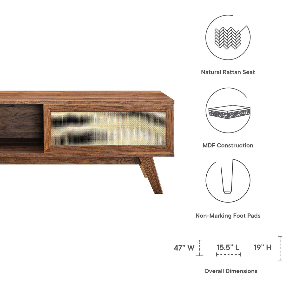 Graphic showing Soma walnut tv stand dimensions and construction highlights || EEI-6039-WAL || dimension_studio
