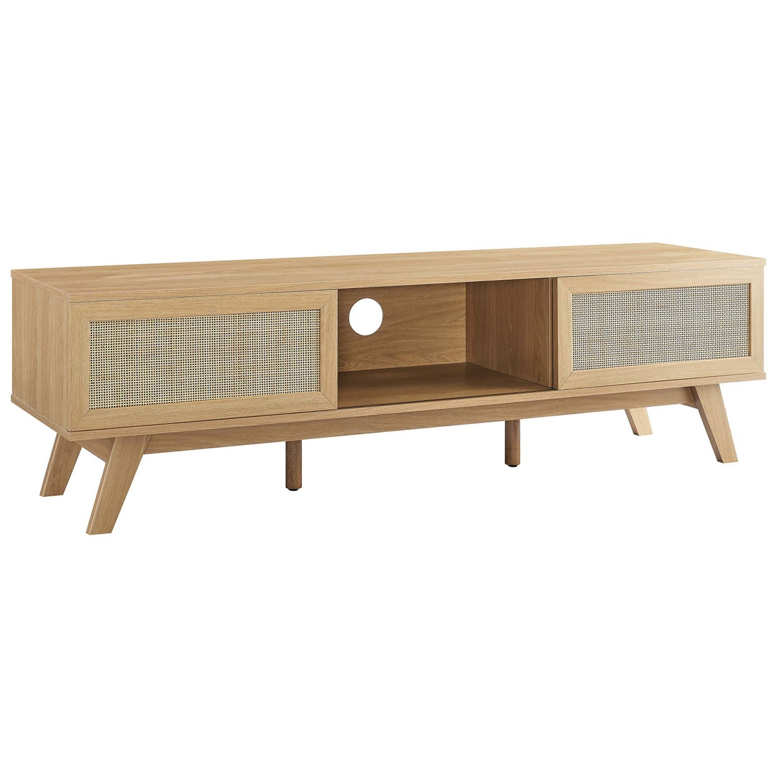 Wide oak tv stand with dual rattan sliding doors, open center shelf, and angled legs || EEI-6040-OAK || front_angle_studio