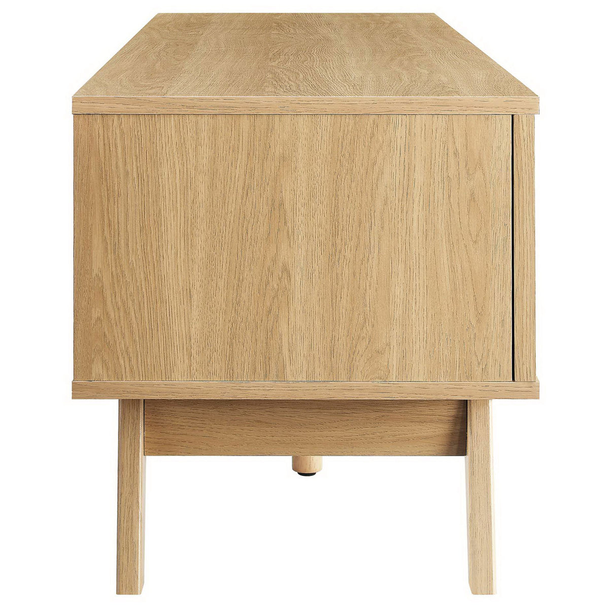 Wide oak tv stand showcasing smooth wood grain side panel and sturdy leg base || EEI-6040-OAK || side_studio