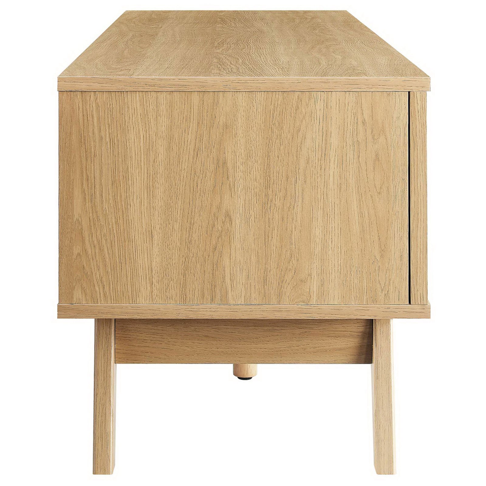 Wide oak tv stand showcasing smooth wood grain side panel and sturdy leg base || EEI-6040-OAK || side_studio