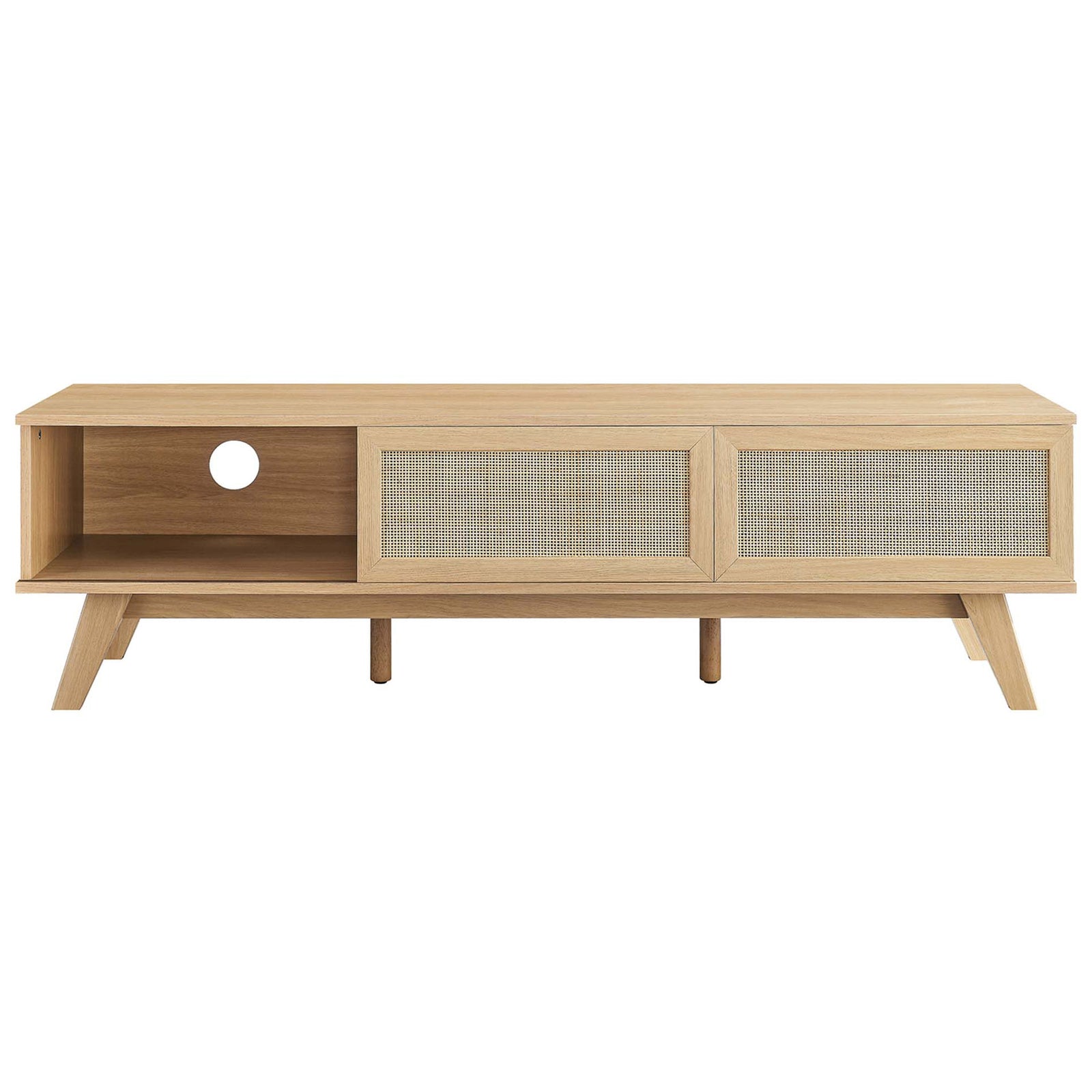 Oak tv stand with spacious open shelf and rattan doors for concealed storage || EEI-6040-OAK || front_studio