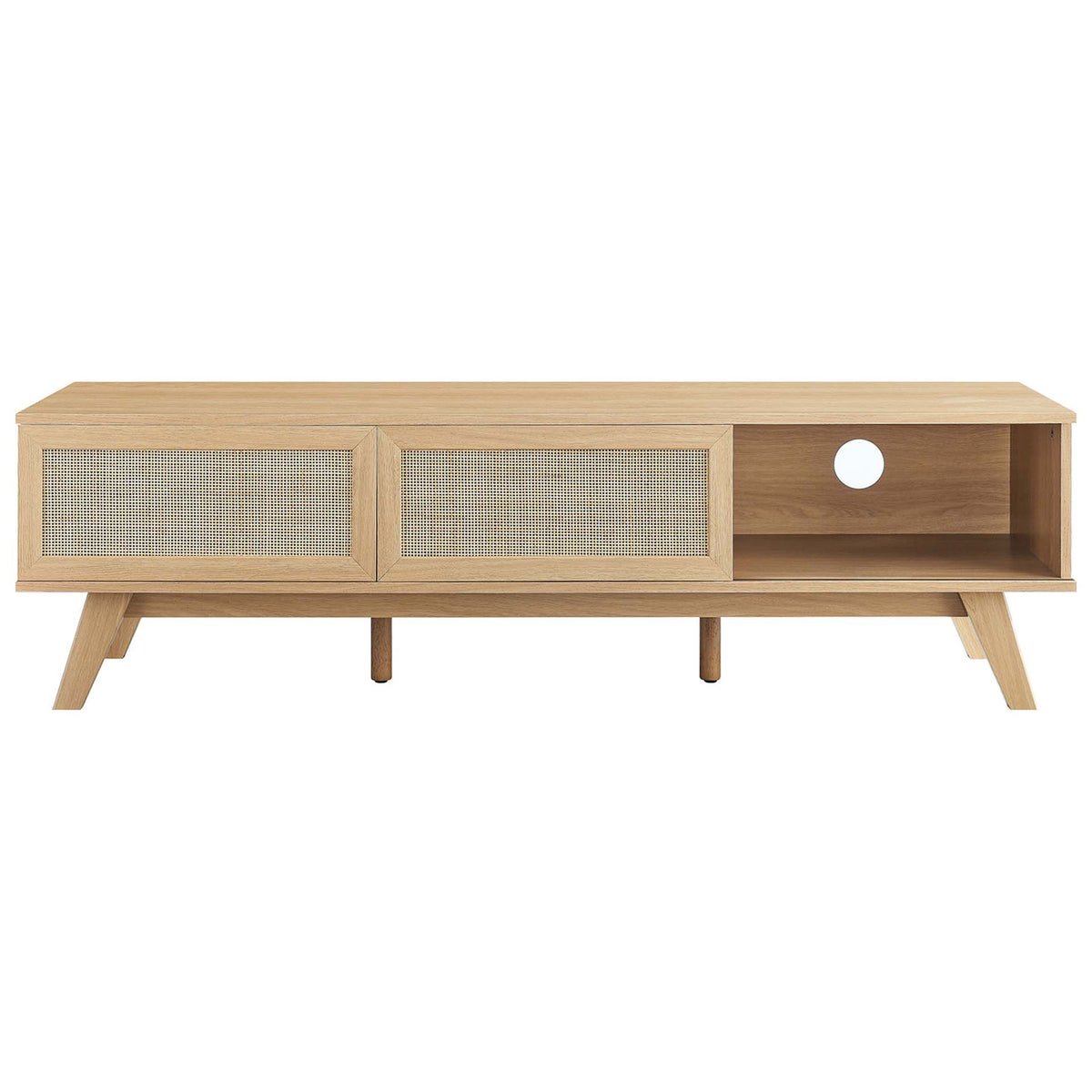 Oak tv stand with rattan sliding doors positioned to reveal media compartments || EEI-6040-OAK || front_studio