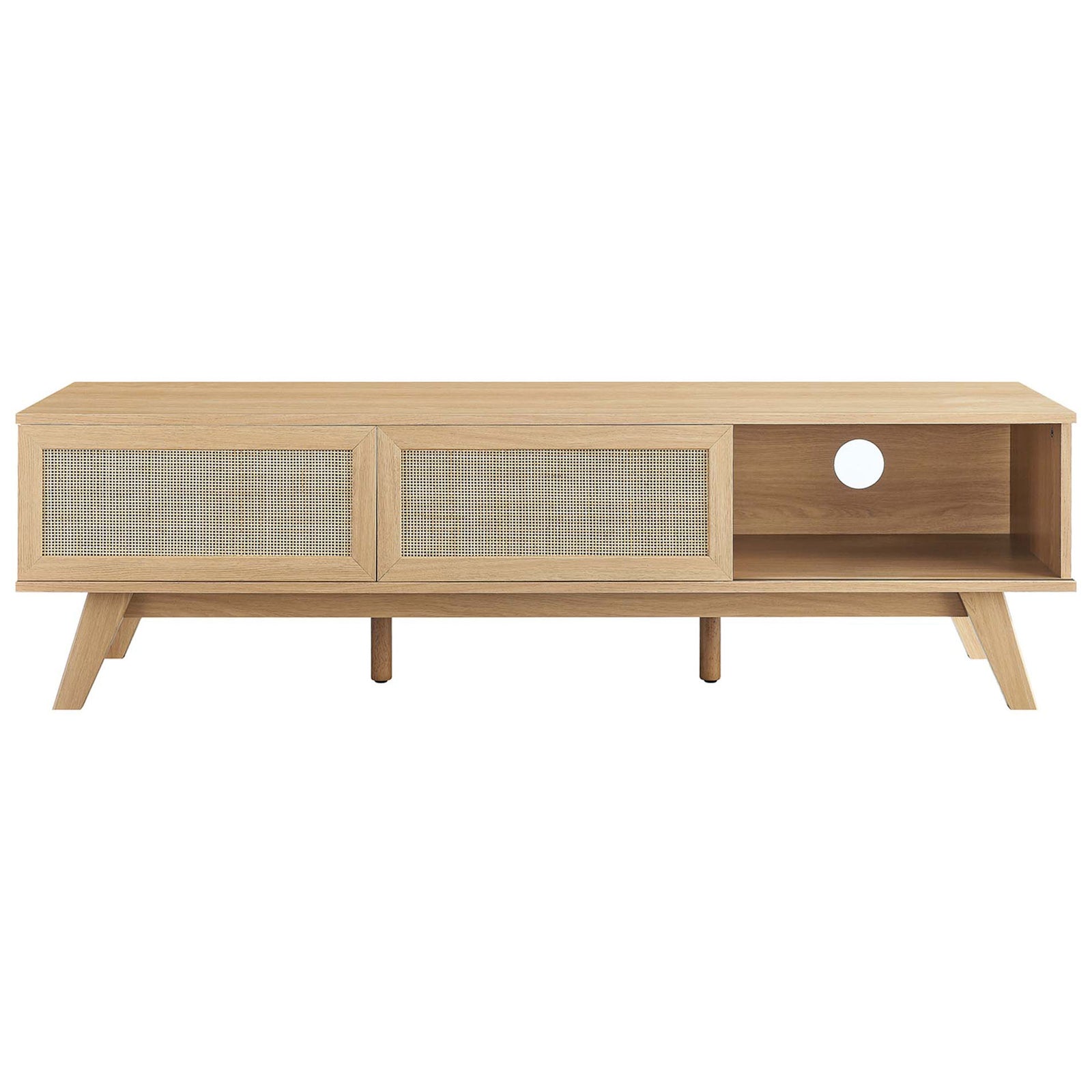 Oak tv stand with rattan sliding doors positioned to reveal media compartments || EEI-6040-OAK || front_studio