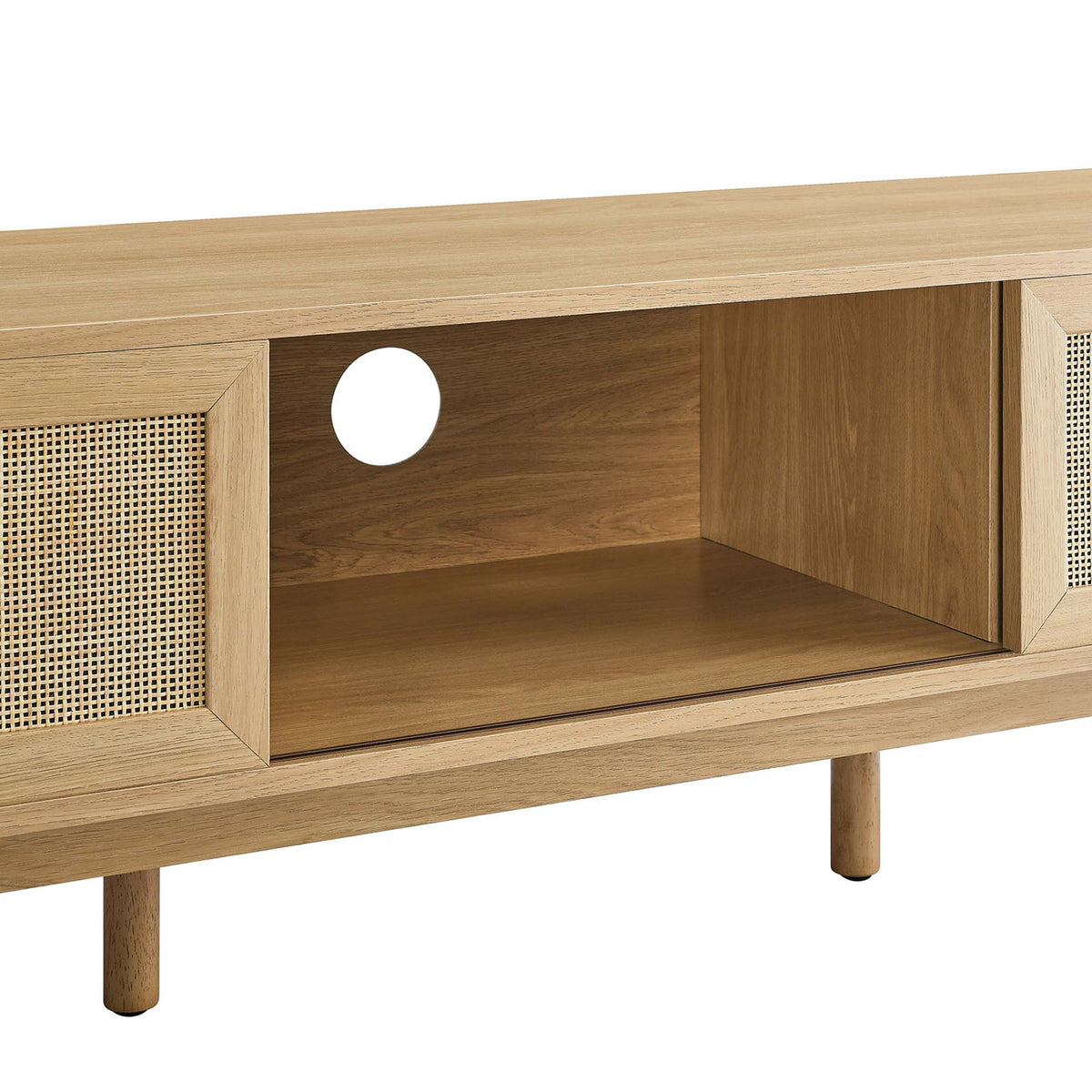 Detail of oak tv stand center shelf with cable management hole and rattan door frame || EEI-6040-OAK || storage_studio