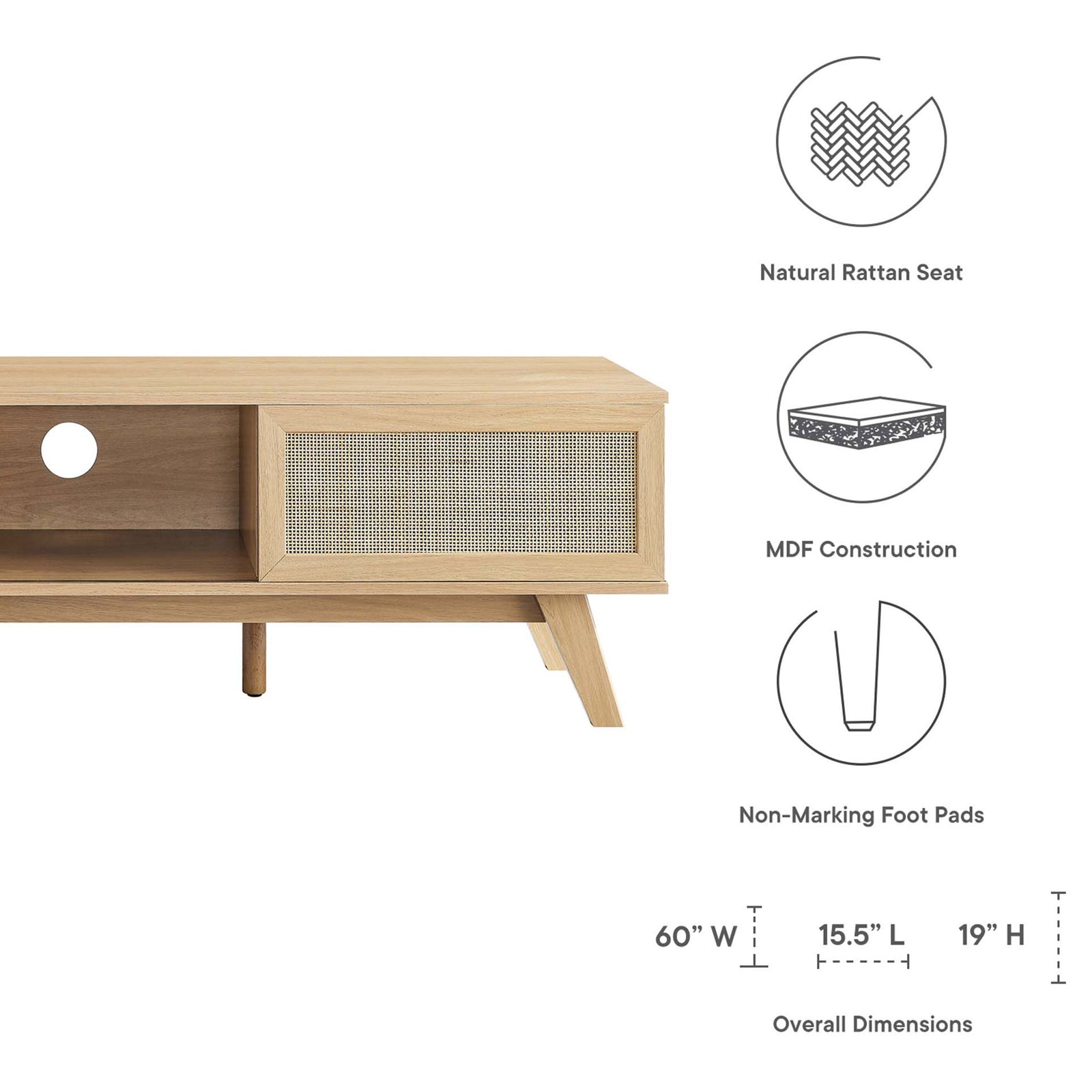 Graphic showing Soma 60 inch oak tv stand dimensions and key construction features || EEI-6040-OAK || dimension_studio