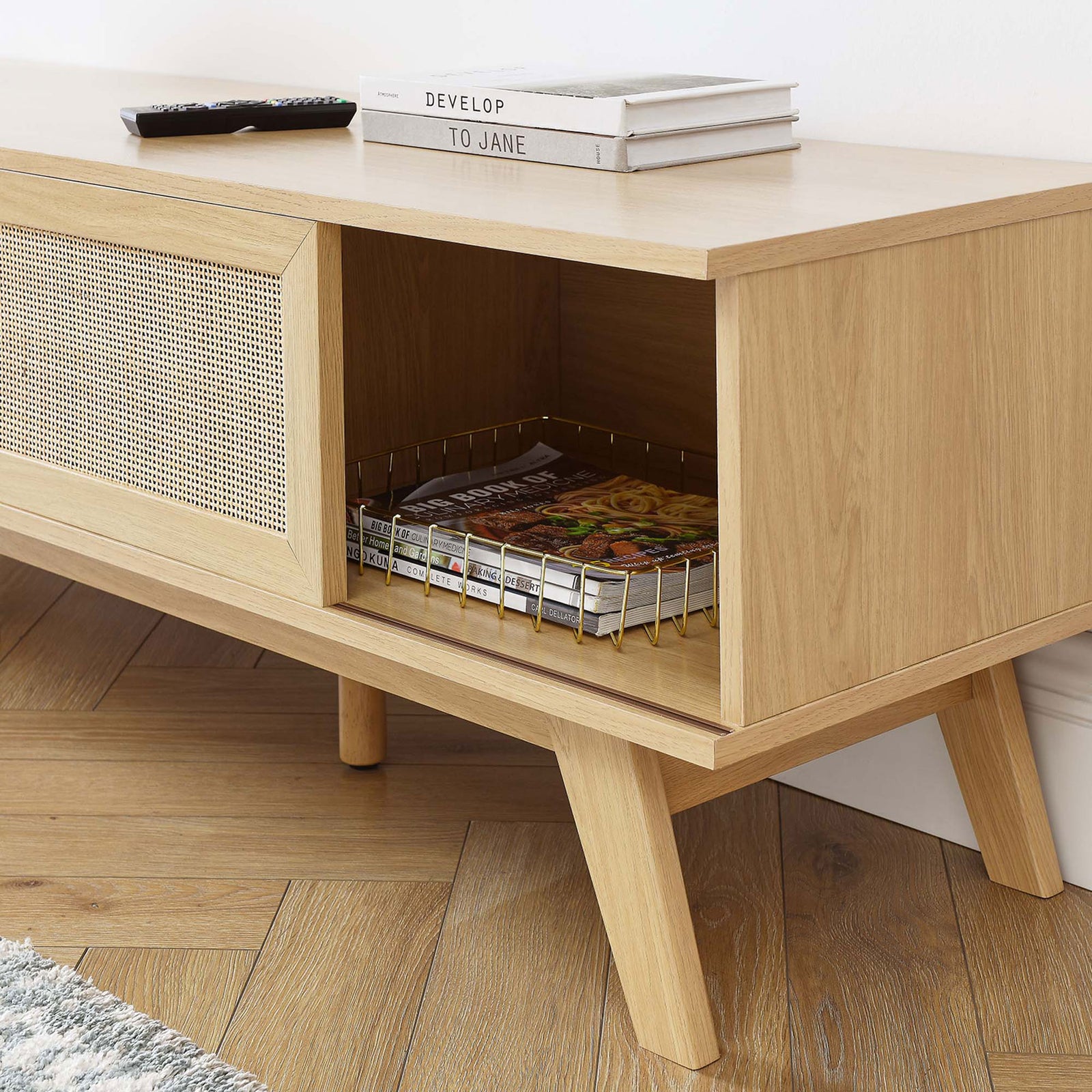 Oak tv stand with open corner storage displaying neatly organized magazines || EEI-6040-OAK || storage_room