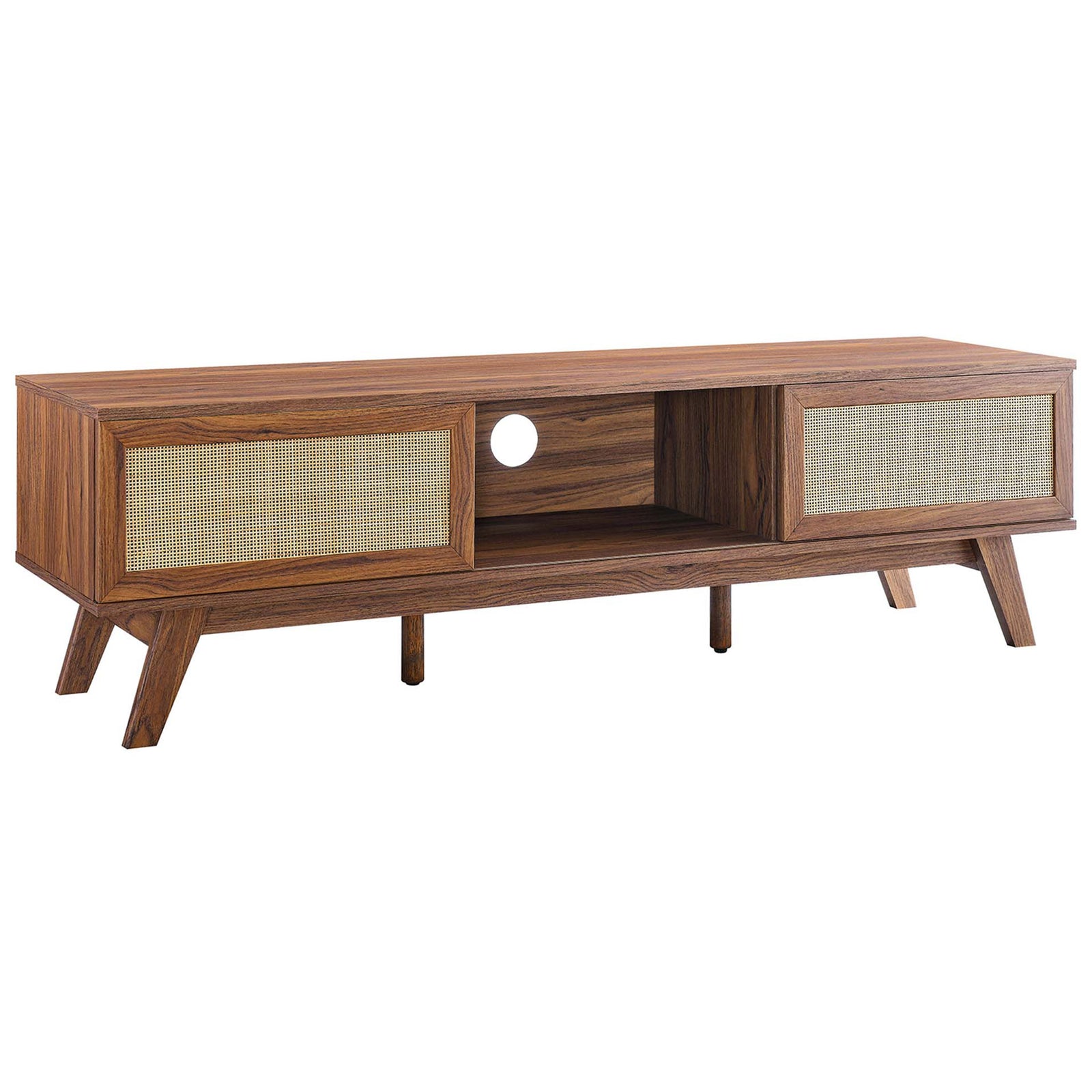 Wide walnut tv stand with dual rattan sliding doors, open center shelf, and angled legs || EEI-6040-WAL || front_angle_studio