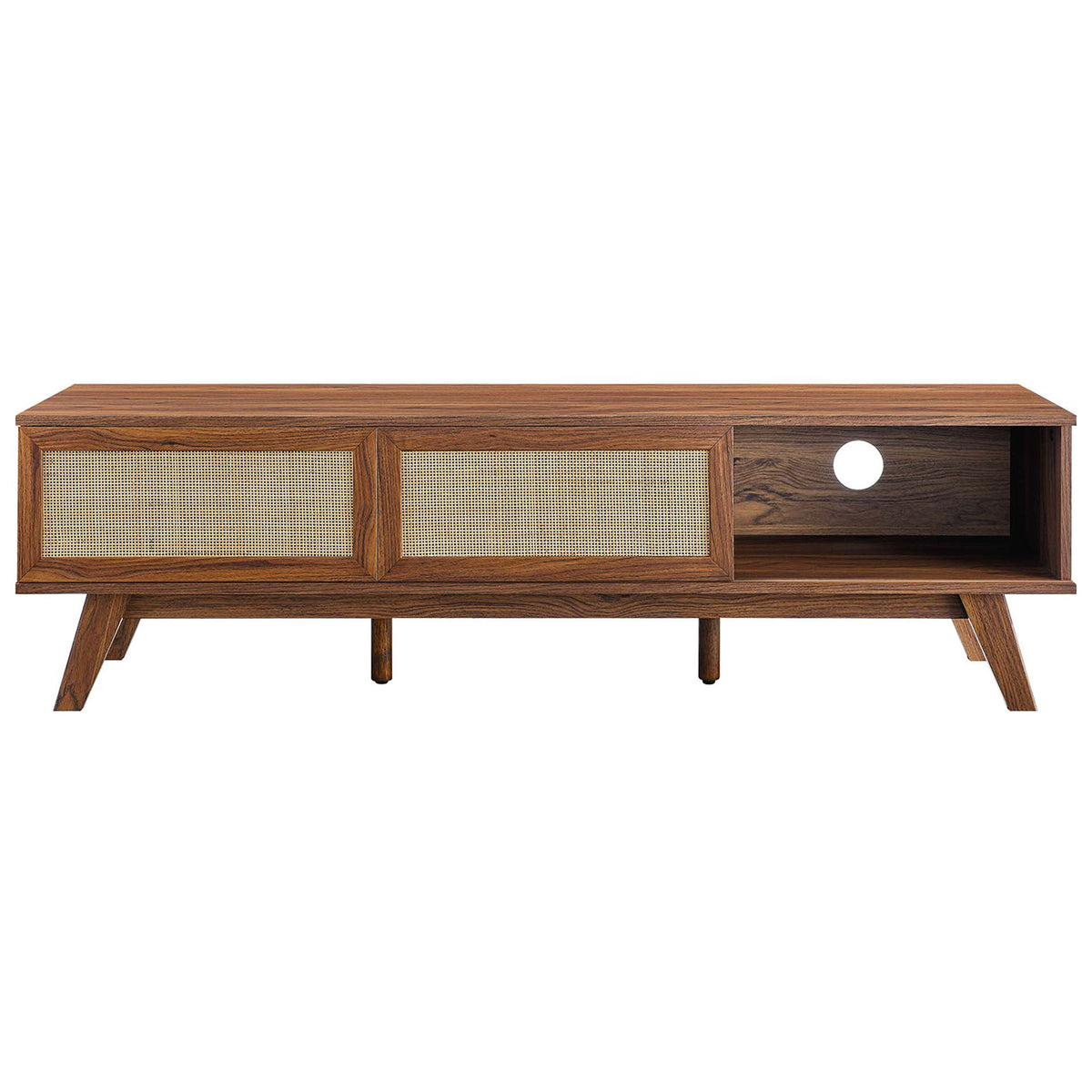 Walnut tv stand with rattan sliding doors positioned to reveal media compartments || EEI-6040-WAL || front_studio