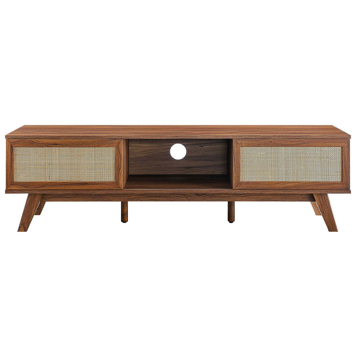 Walnut tv stand with rattan doors on both sides and open center storage cubby || EEI-6040-WAL || front_studio