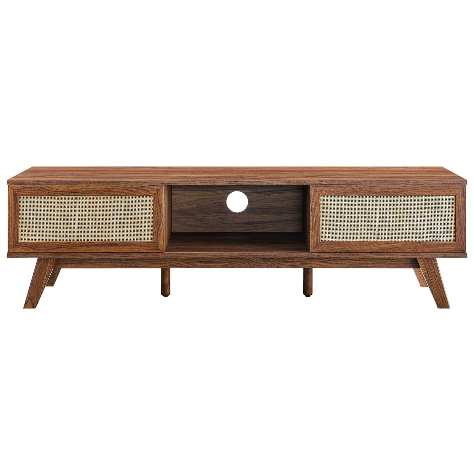 Walnut tv stand with rattan doors on both sides and open center storage cubby || EEI-6040-WAL || front_studio