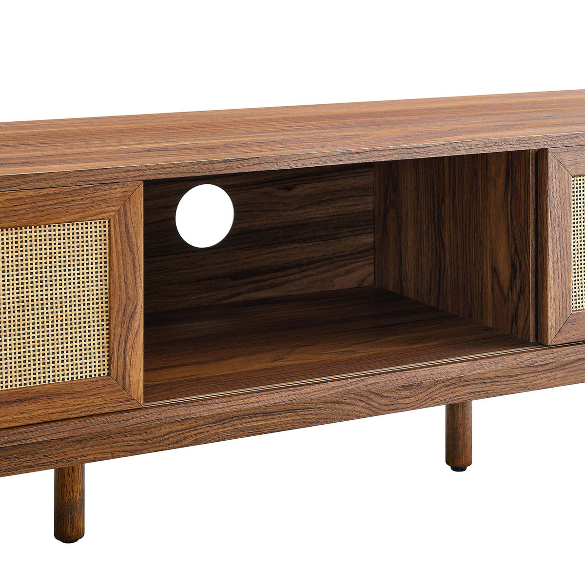 Detail of walnut tv stand center shelf with cable management hole and rattan door frame || EEI-6040-WAL || storage_studio