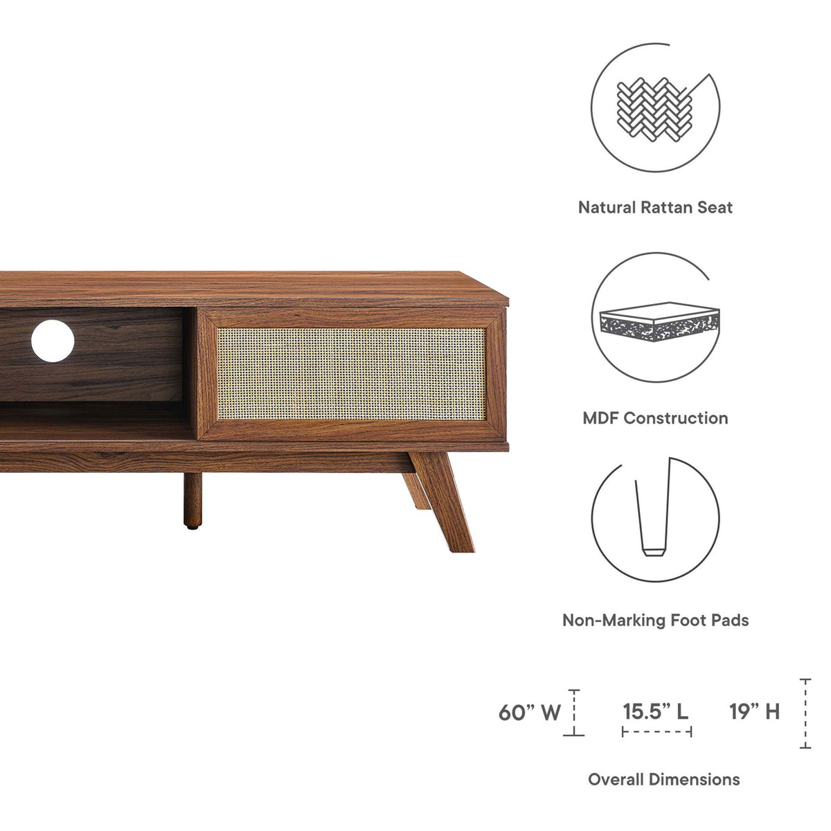 Graphic showing Soma 60 inch walnut tv stand dimensions and key construction features || EEI-6040-WAL || dimension_studio