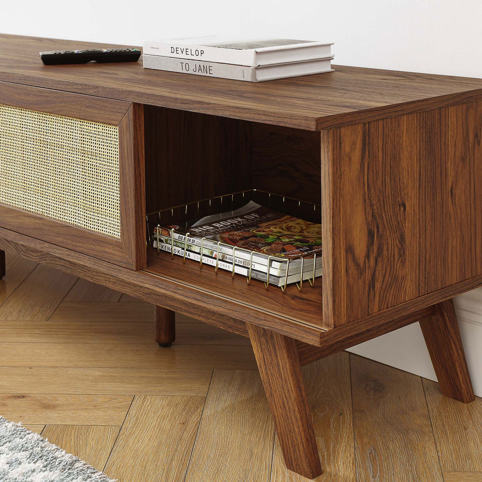 Walnut tv stand with open corner storage displaying neatly organized magazines || EEI-6040-WAL || storage_room