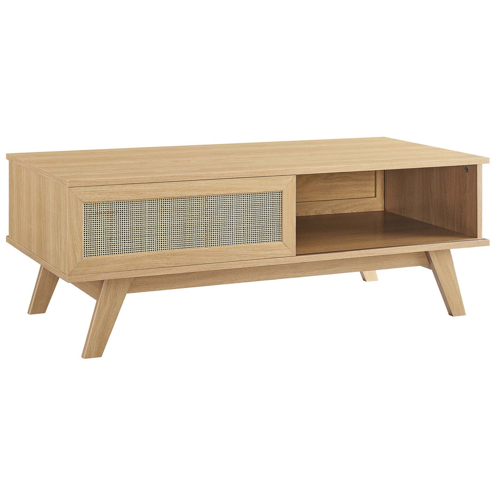 Oak wood grain coffee table with rattan sliding door, open shelf, and tapered splayed legs || EEI-6041-OAK || front_angle_studio