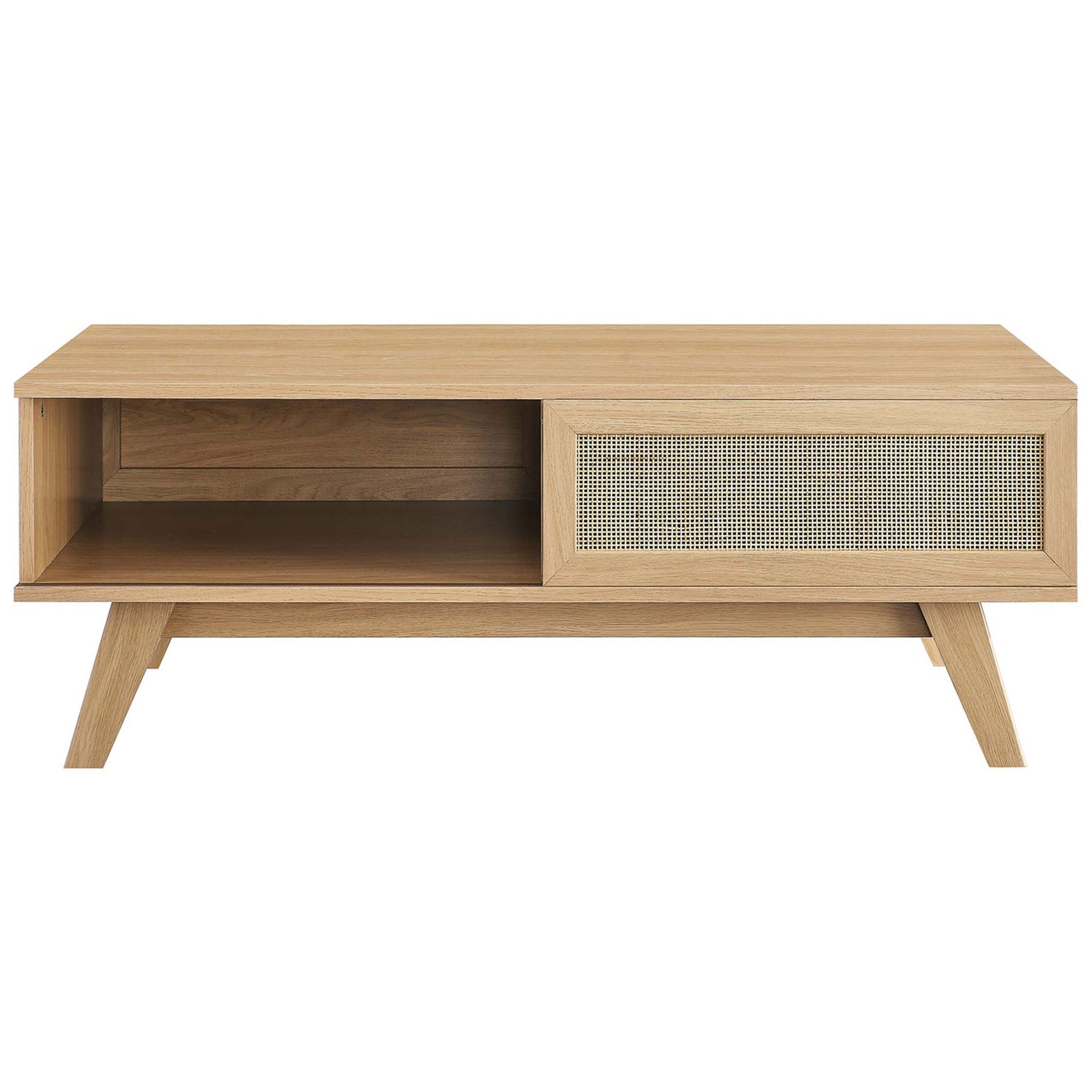 Rattan door on right pairs with left open cubby for concealed and display storage in an oak finish || EEI-6041-OAK || front_studio