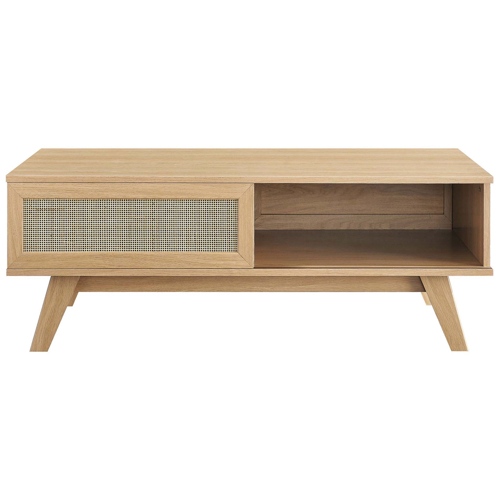 Rattan door on left and open cubby on right balance hidden and display storage in an oak finish || EEI-6041-OAK || front_studio