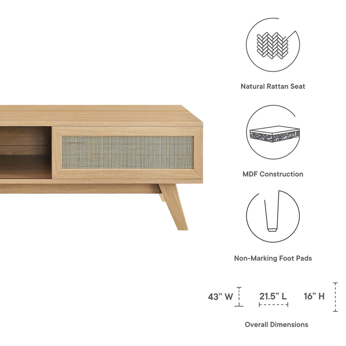 Feature highlights include natural rattan weave, MDF construction, non-marking foot pads, and dimensions || EEI-6041-OAK || dimension_studio