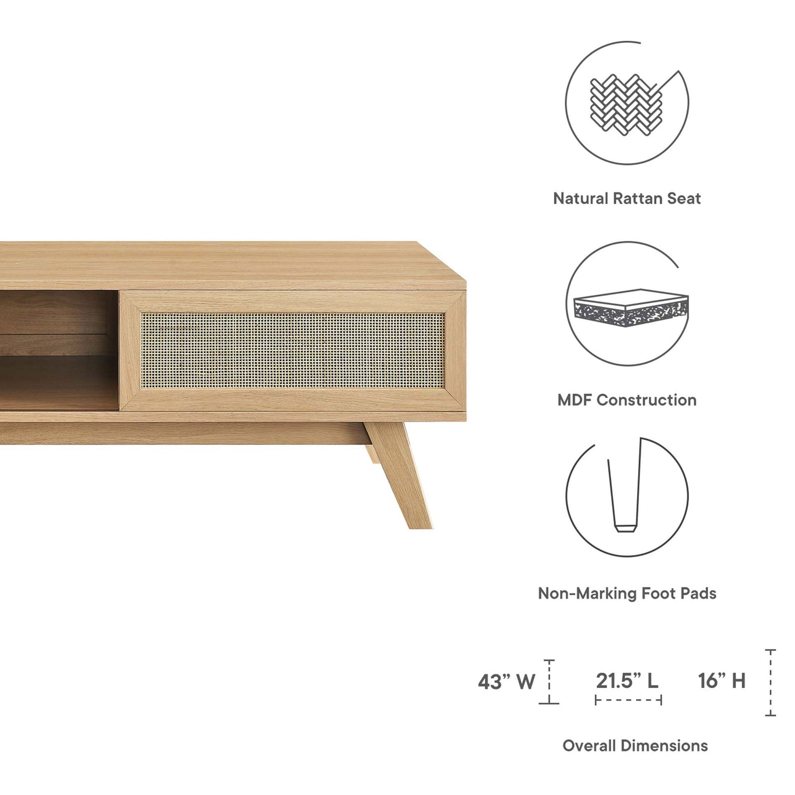 Feature highlights include natural rattan weave, MDF construction, non-marking foot pads, and dimensions || EEI-6041-OAK || dimension_studio