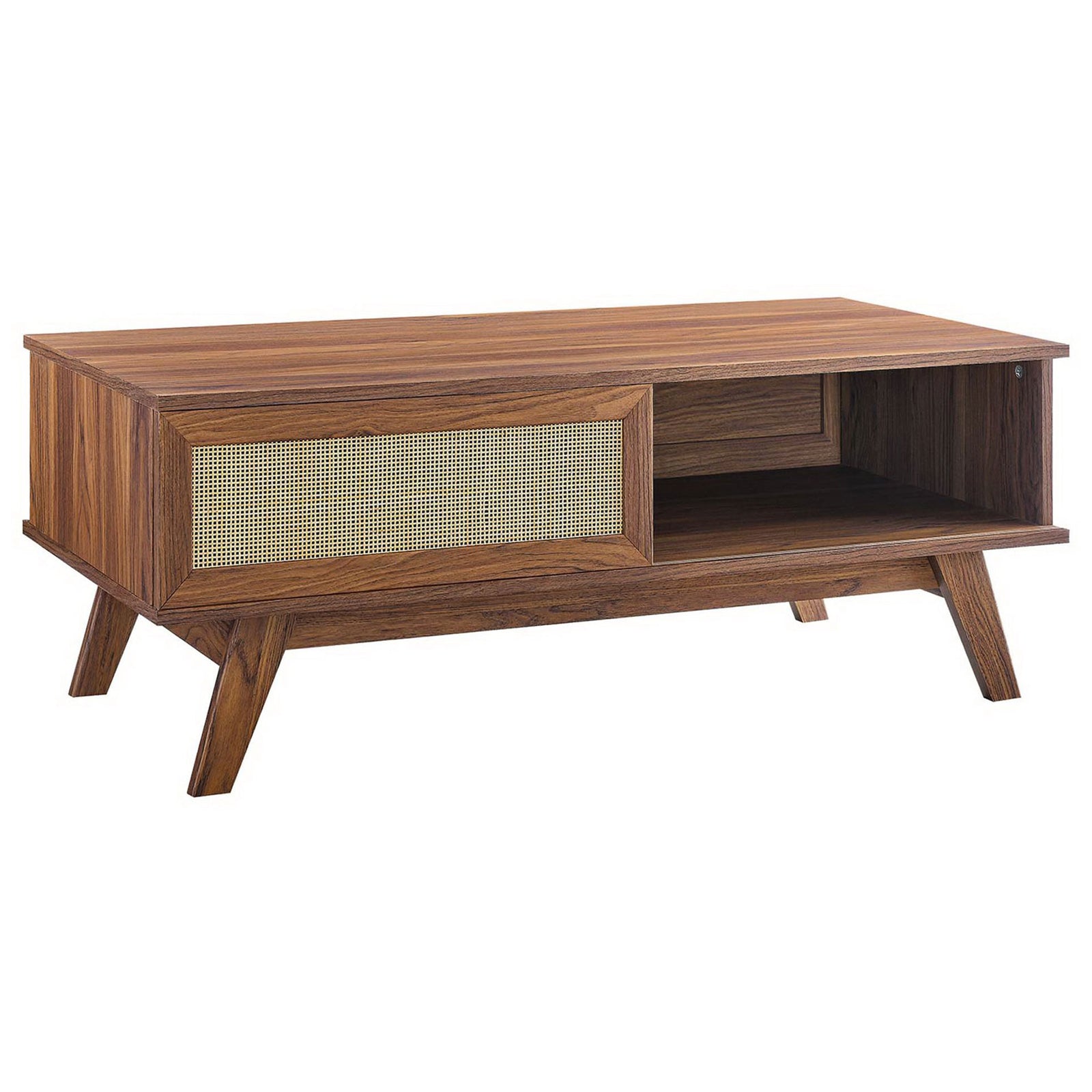 Sleek walnut table with airy rattan door and spacious cubby for books and decor || EEI-6041-WAL || front_angle_studio