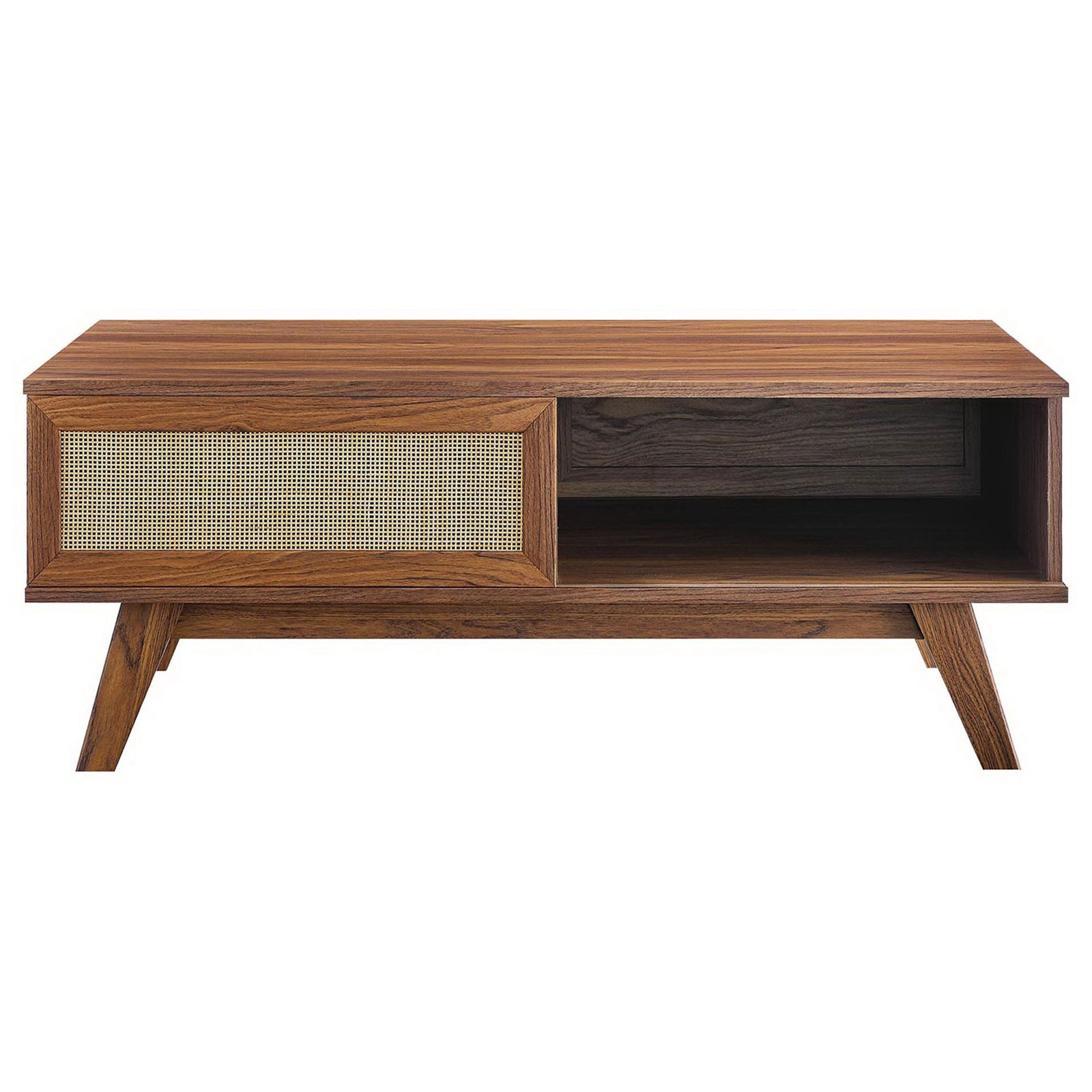 Mid-century walnut coffee table featuring woven rattan panel and concealed storage || EEI-6041-WAL || front_studio