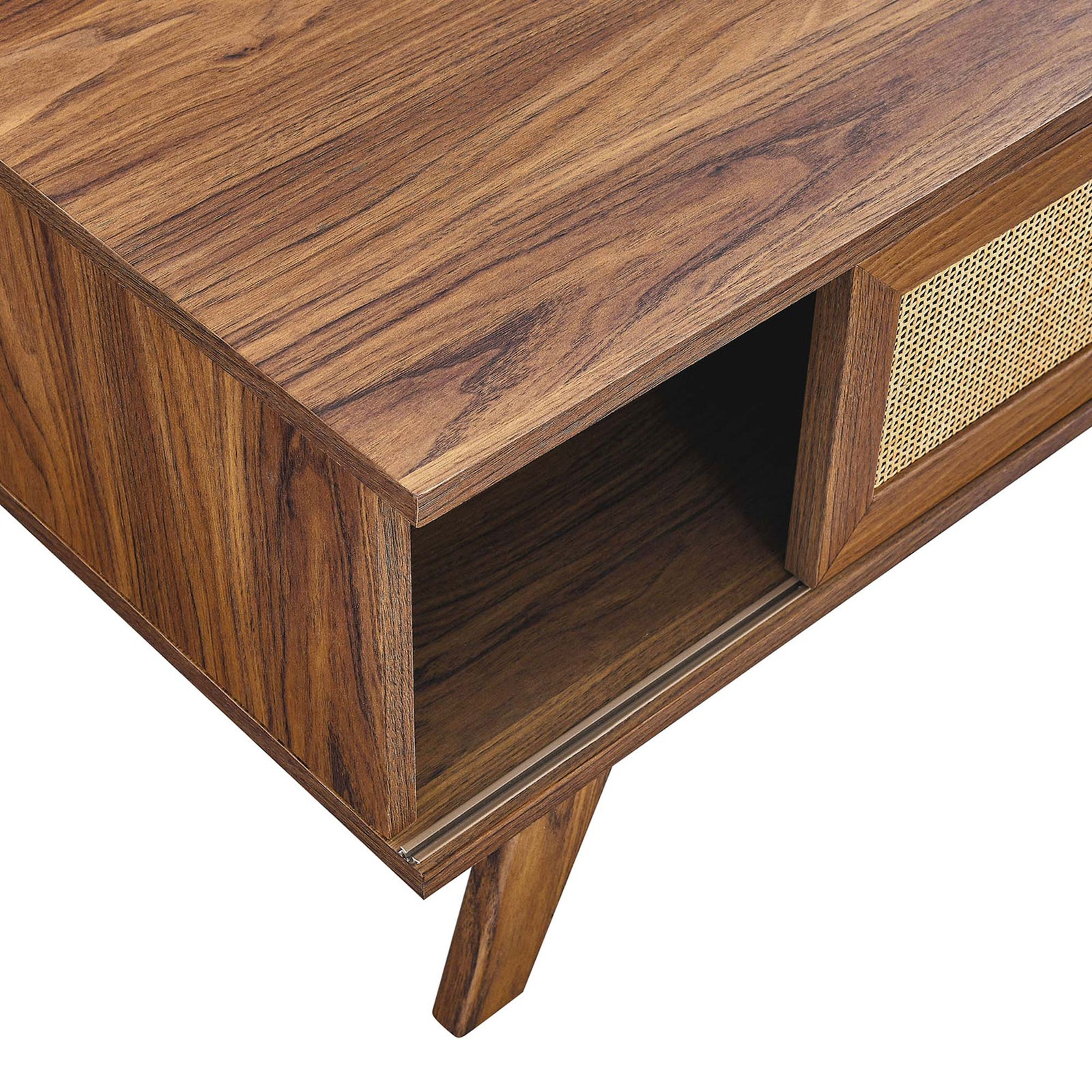 Smooth walnut grain with open shelf edge and sturdy tapered leg || EEI-6041-WAL || storage_studio