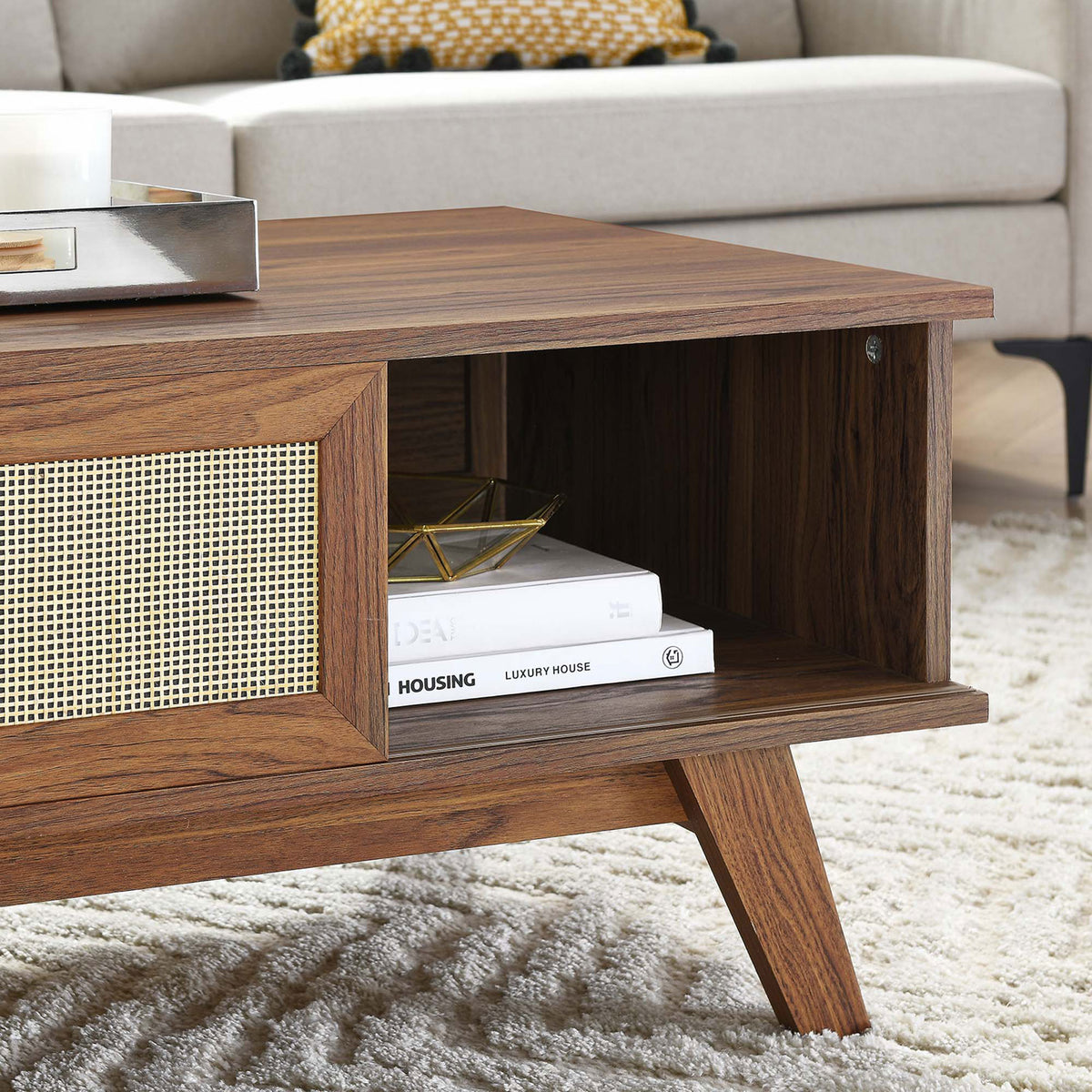 Open cubby keeps essentials handy while rattan panel adds light, textural contrast || EEI-6041-WAL || storage_room