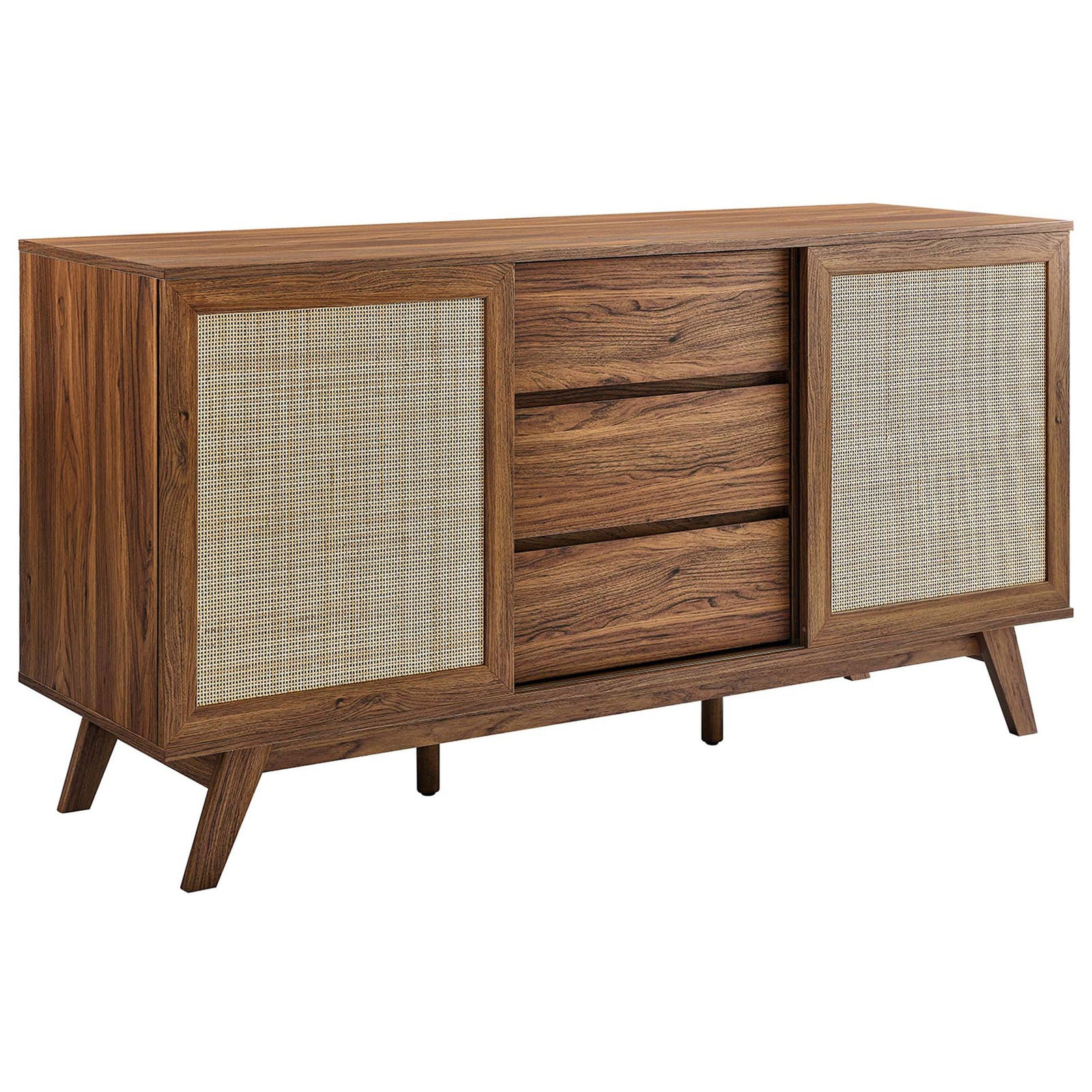 Soma walnut sideboard with rattan doors, center drawers, and tapered legs in a warm wood finish || EEI-6043-WAL || front_angle_studio
