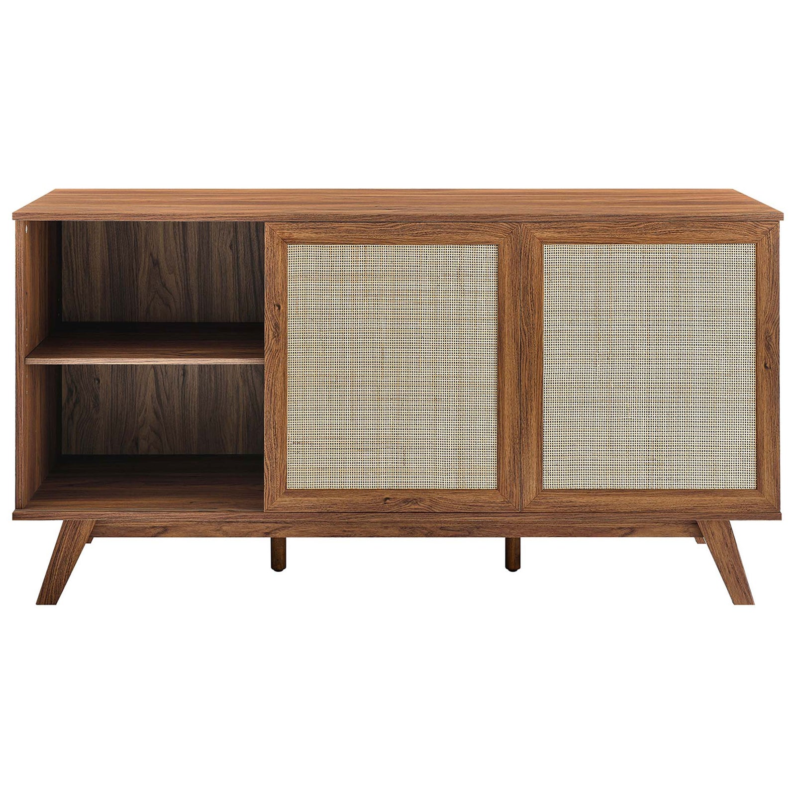 Sideboard with left rattan door open to reveal spacious shelving for media, barware, or decor || EEI-6043-WAL || front_open_studio
