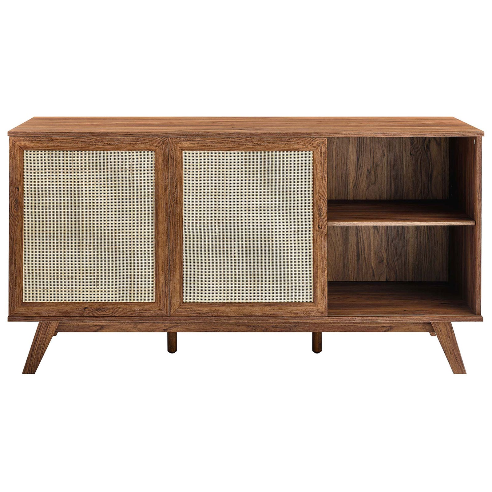 Sideboard with right rattan door open, showcasing versatile shelving for baskets and books || EEI-6043-WAL || front_open_studio