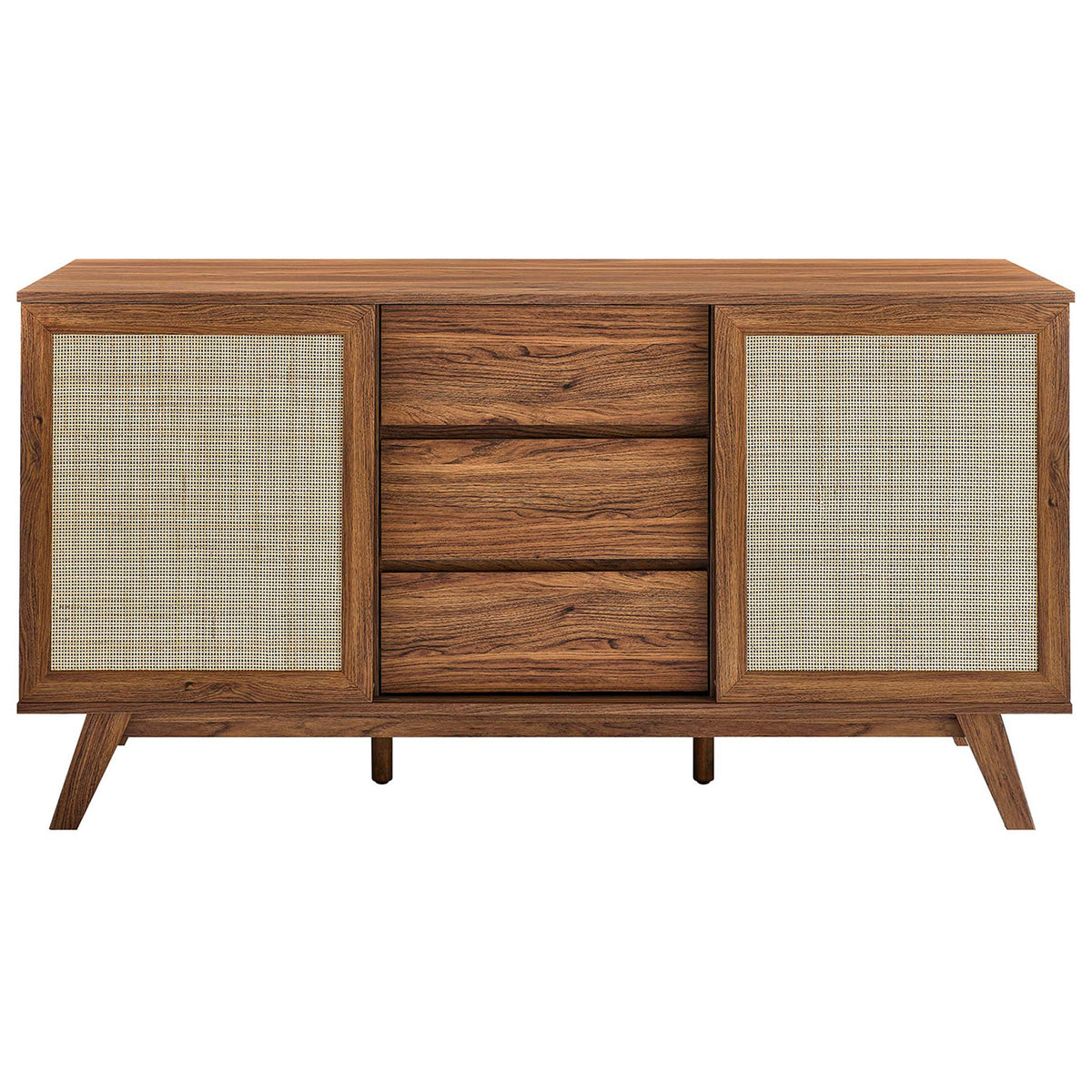 Walnut sideboard with rattan sliding doors and three center drawers for versatile dining storage || EEI-6043-WAL || front_studio