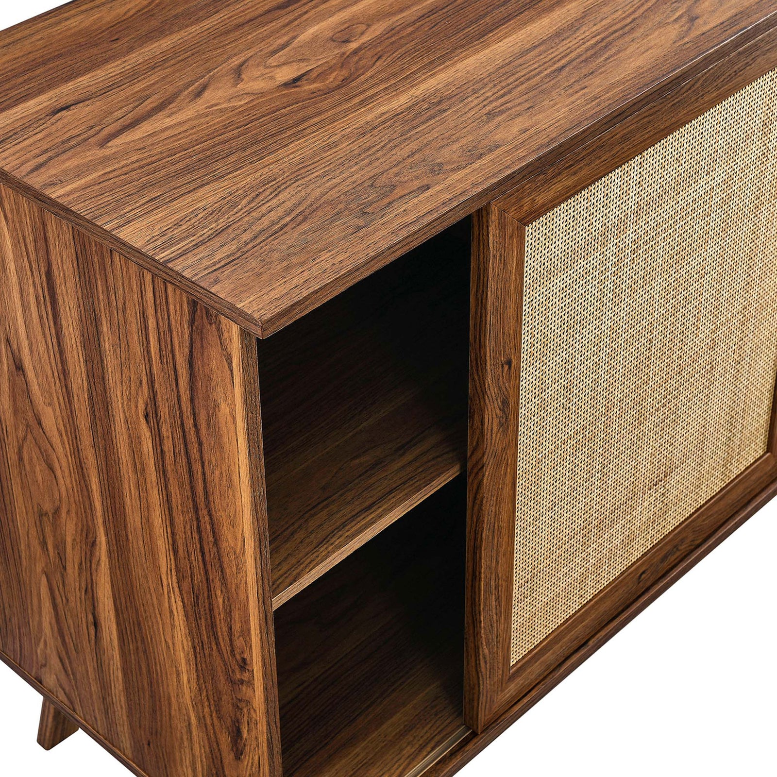 Open rattan door reveals interior shelves and smooth walnut top ready for styling and everyday use || EEI-6043-WAL || storage_open_studio