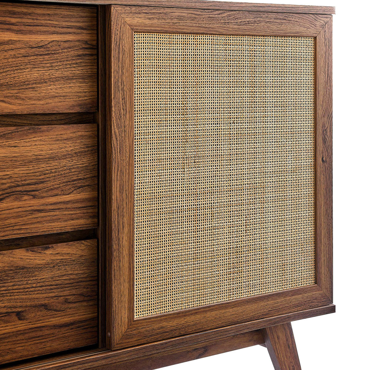 Detail of natural rattan panel framed in walnut finish with mid-century inspired tapered leg || EEI-6043-WAL || detail_studio